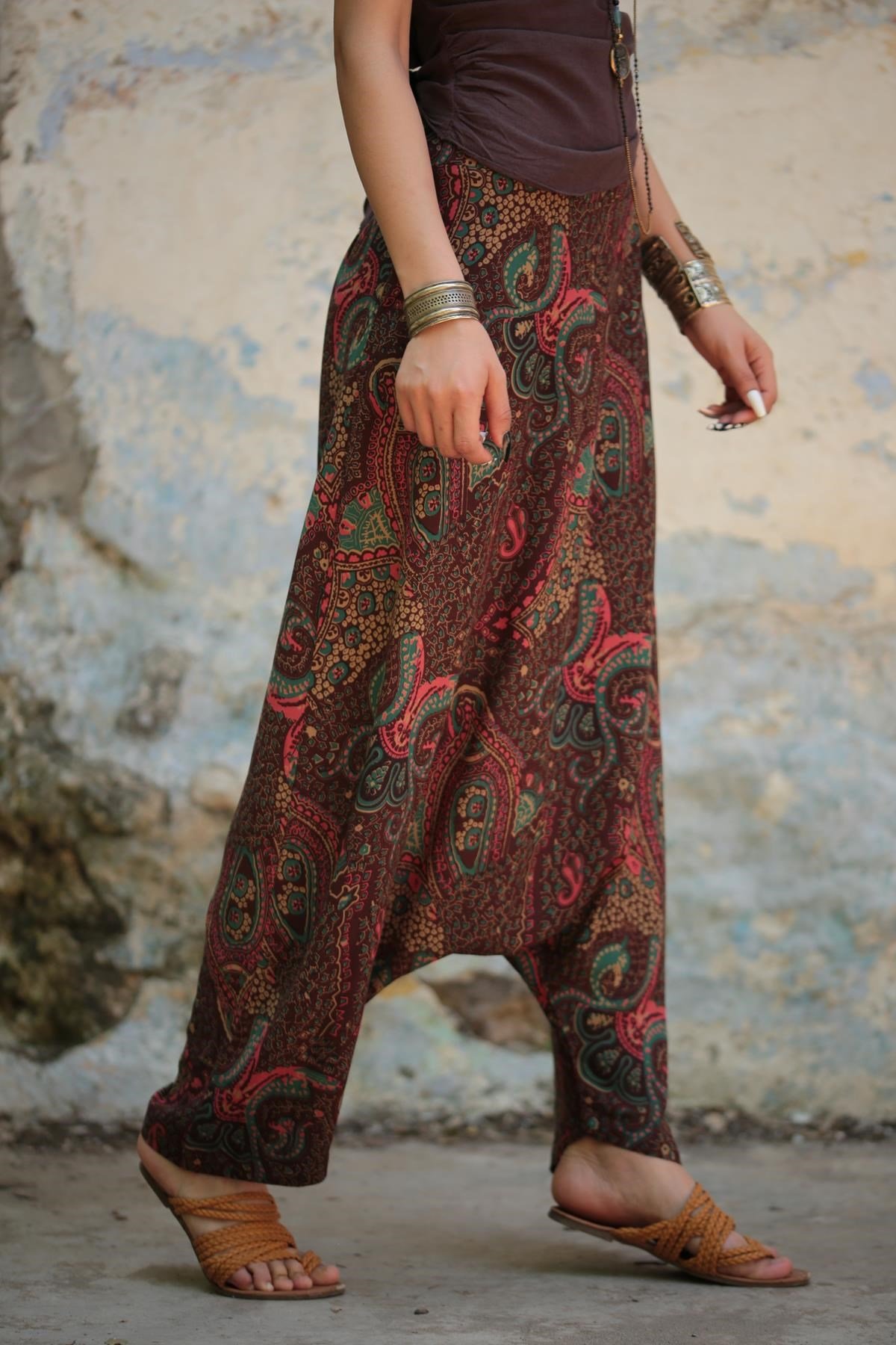  Kahverengi Otantik Desenli Fermuarlı Şalvar