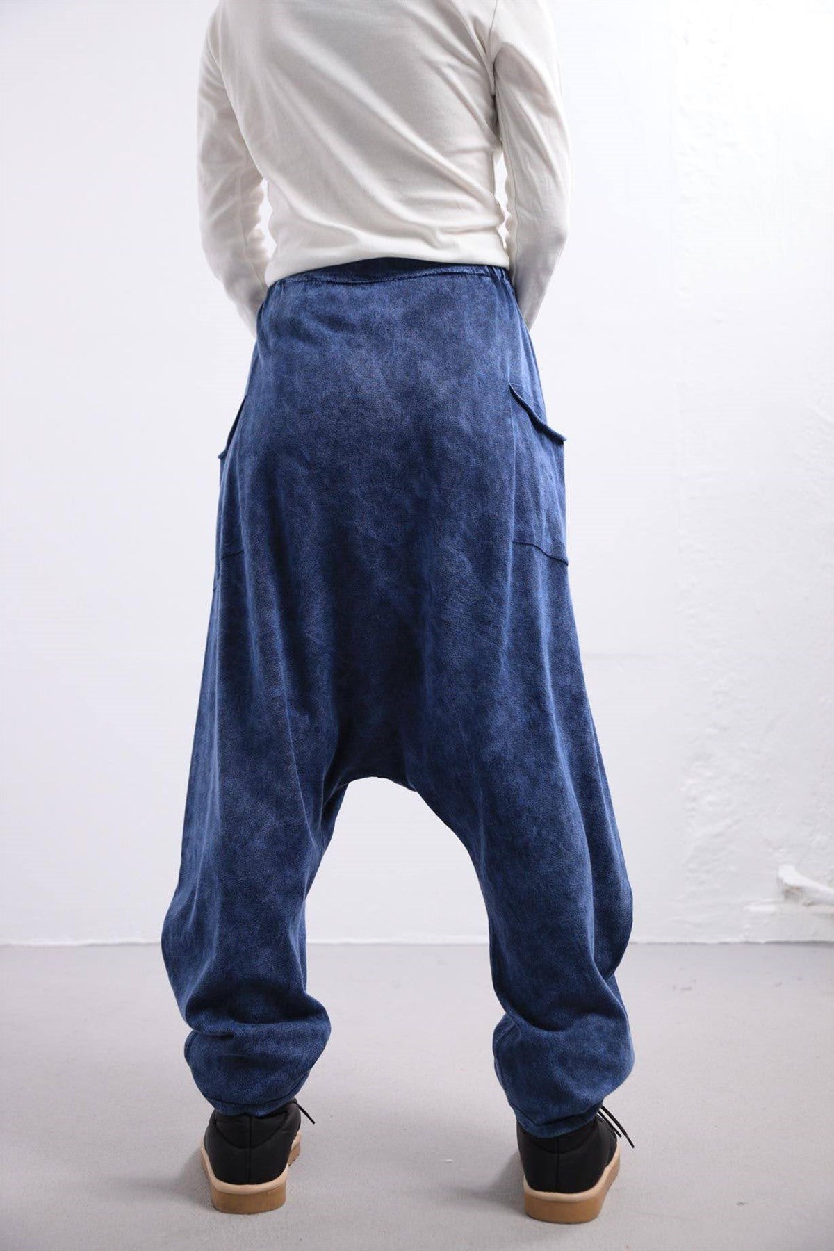  Lacivert Beli Lastikli İki Yanı Üç Düğmeli Parça Detaylı Şalvar