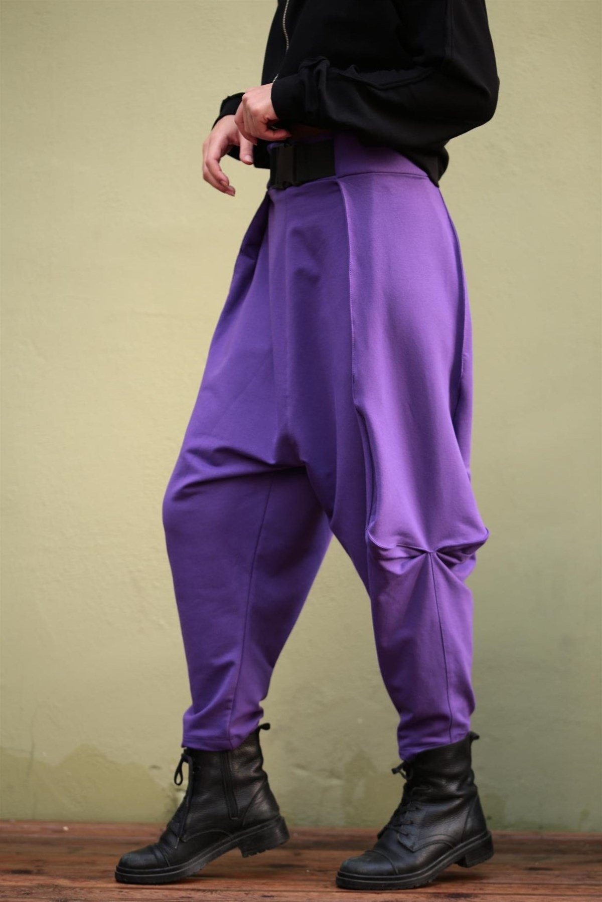  Mor Ağı Düşük Kemer Detay Şalvar Pantolon