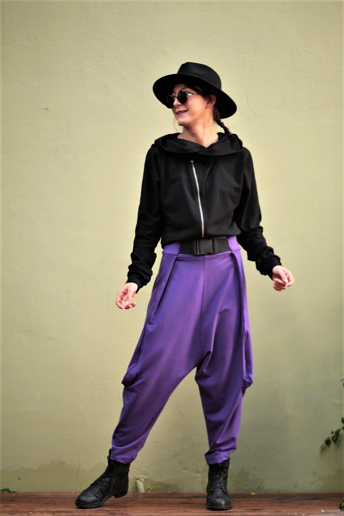  Mor Ağı Düşük Kemer Detay Şalvar Pantolon