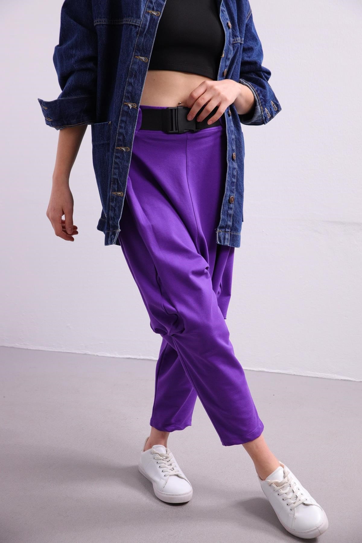 Purple Belted Drop Crotch Trousers - Saman Butik | Shop Online Purple Belted Drop Crotch Trousers