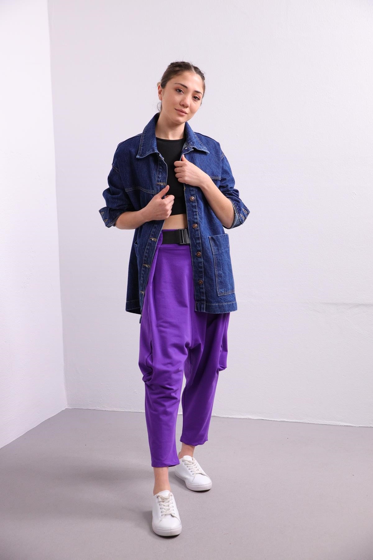 Purple Belted Drop Crotch Trousers - Saman Butik | Shop Online Purple Belted Drop Crotch Trousers