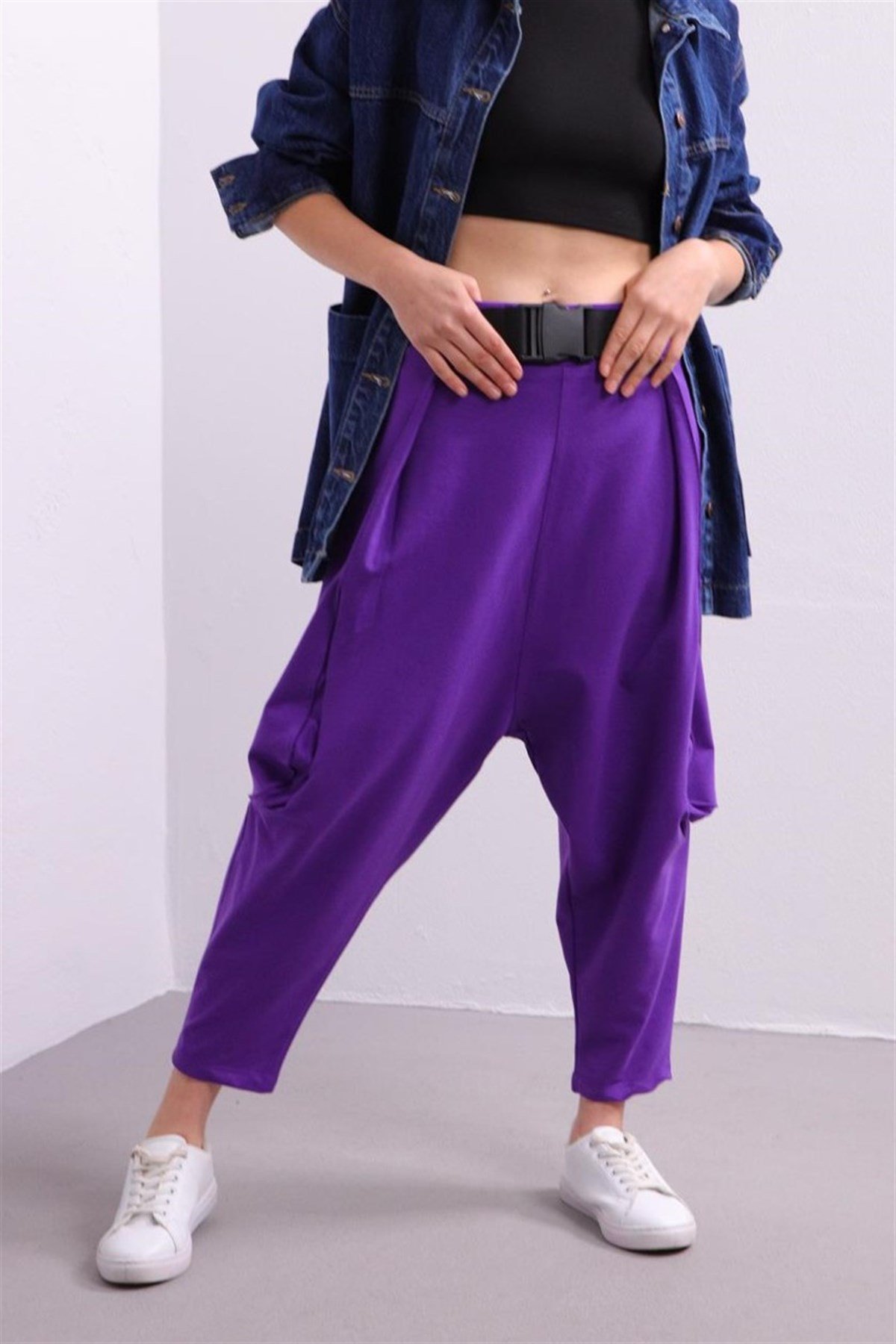 Purple Belted Drop Crotch Trousers - Saman Butik | Shop Online Purple Belted Drop Crotch Trousers