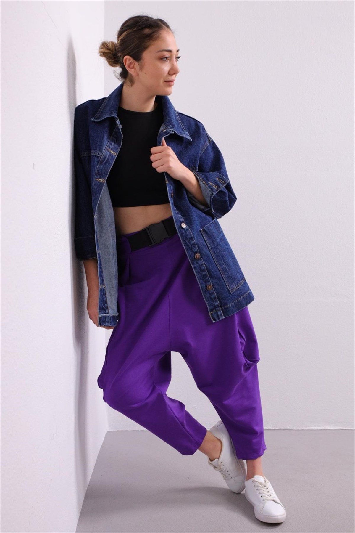 Purple Belted Drop Crotch Trousers - Saman Butik | Shop Online Purple Belted Drop Crotch Trousers