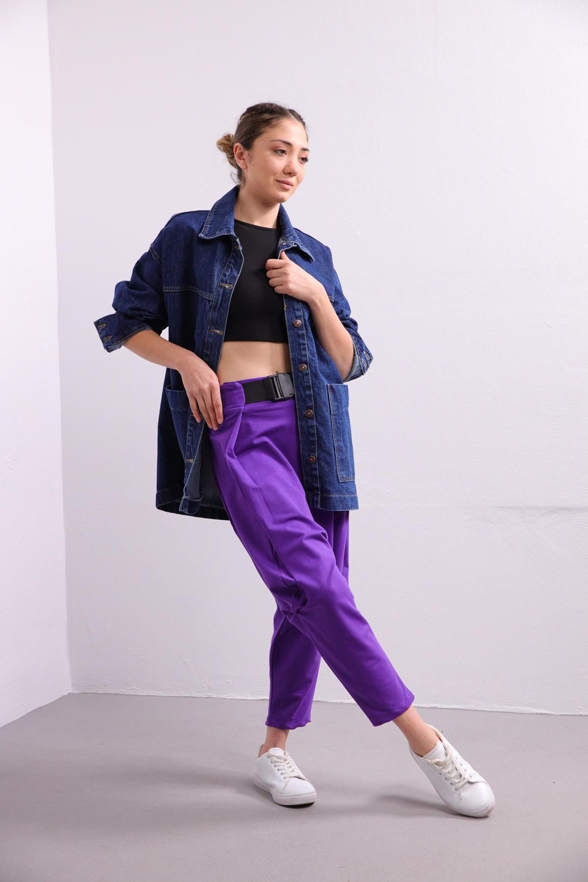 Purple Belted Drop Crotch Trousers - Saman Butik | Shop Online Purple Belted Drop Crotch Trousers