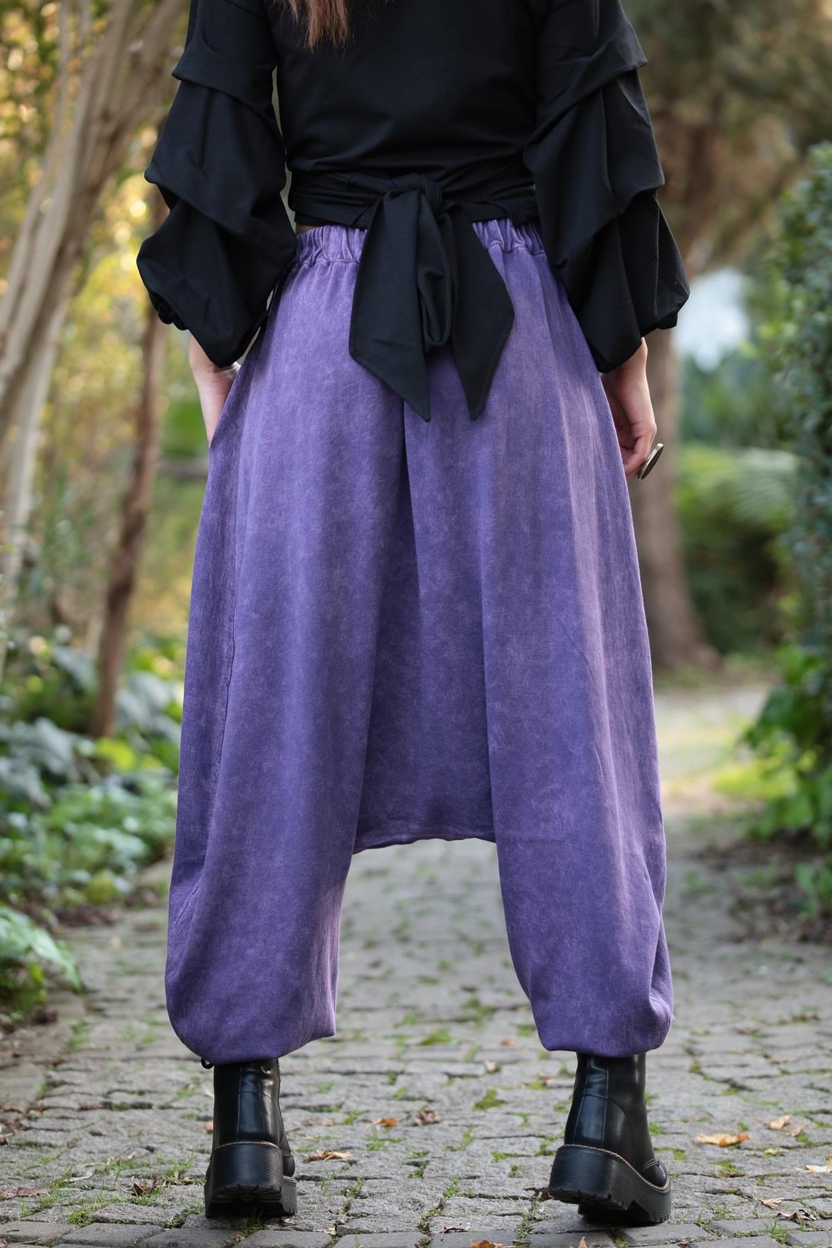  Mor Beli ve Bilekleri Lastikli Cepli Şalvar