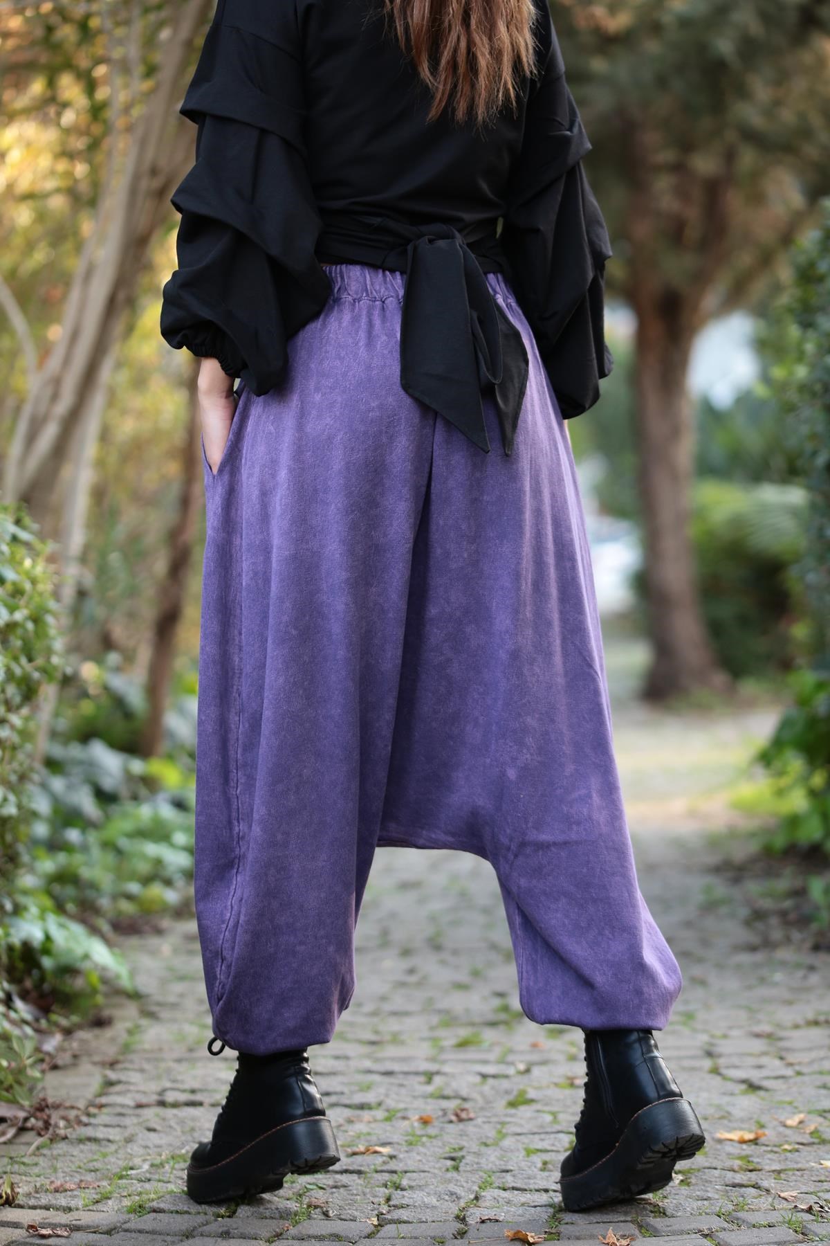  Mor Beli ve Bilekleri Lastikli Cepli Şalvar