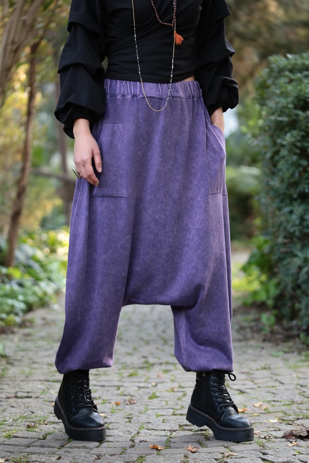  Mor Beli ve Bilekleri Lastikli Cepli Şalvar