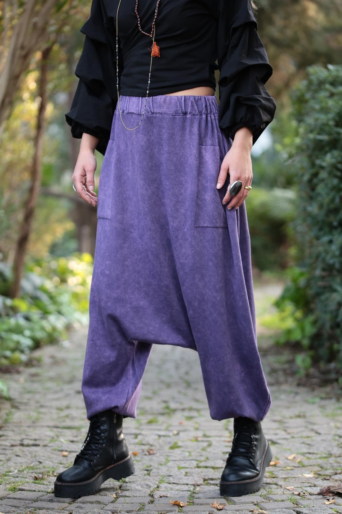  Mor Beli ve Bilekleri Lastikli Cepli Şalvar