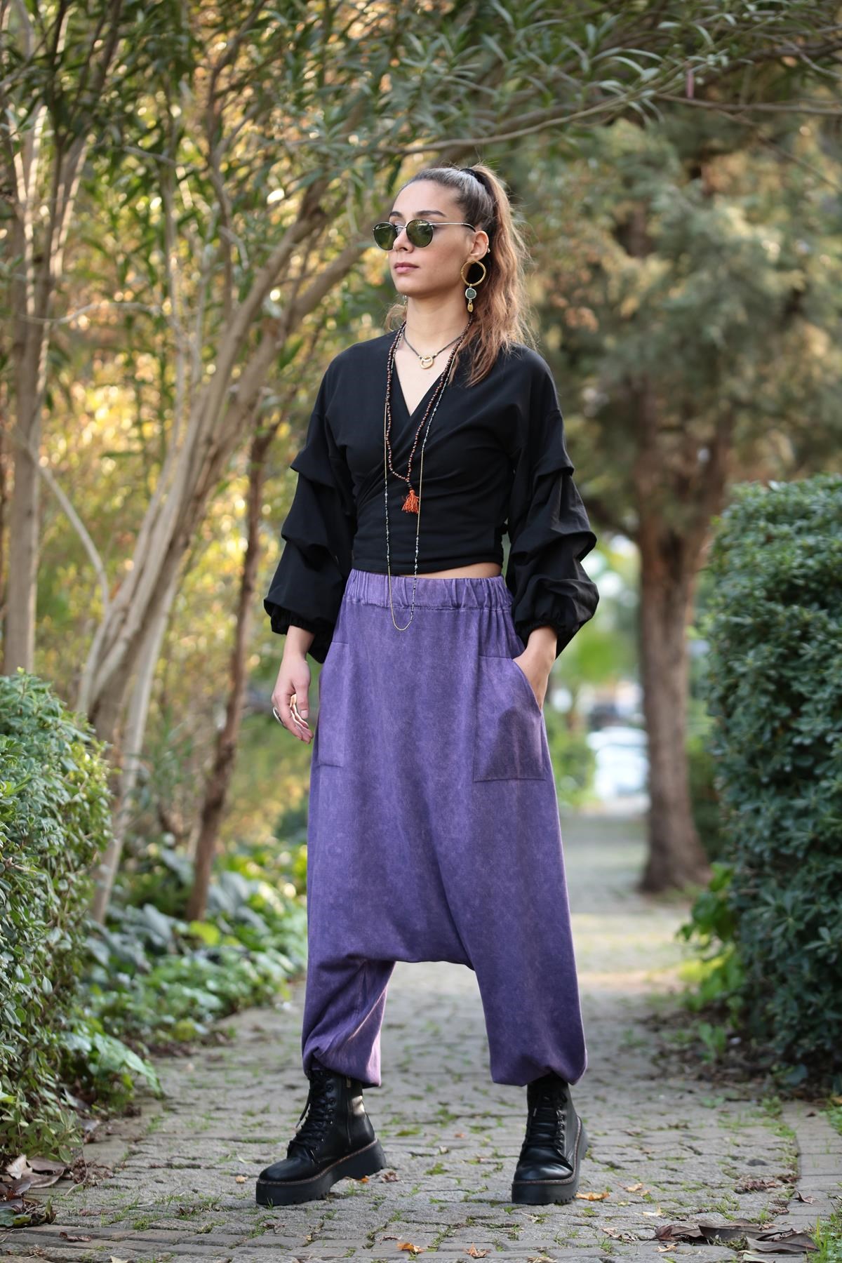  Mor Beli ve Bilekleri Lastikli Cepli Şalvar