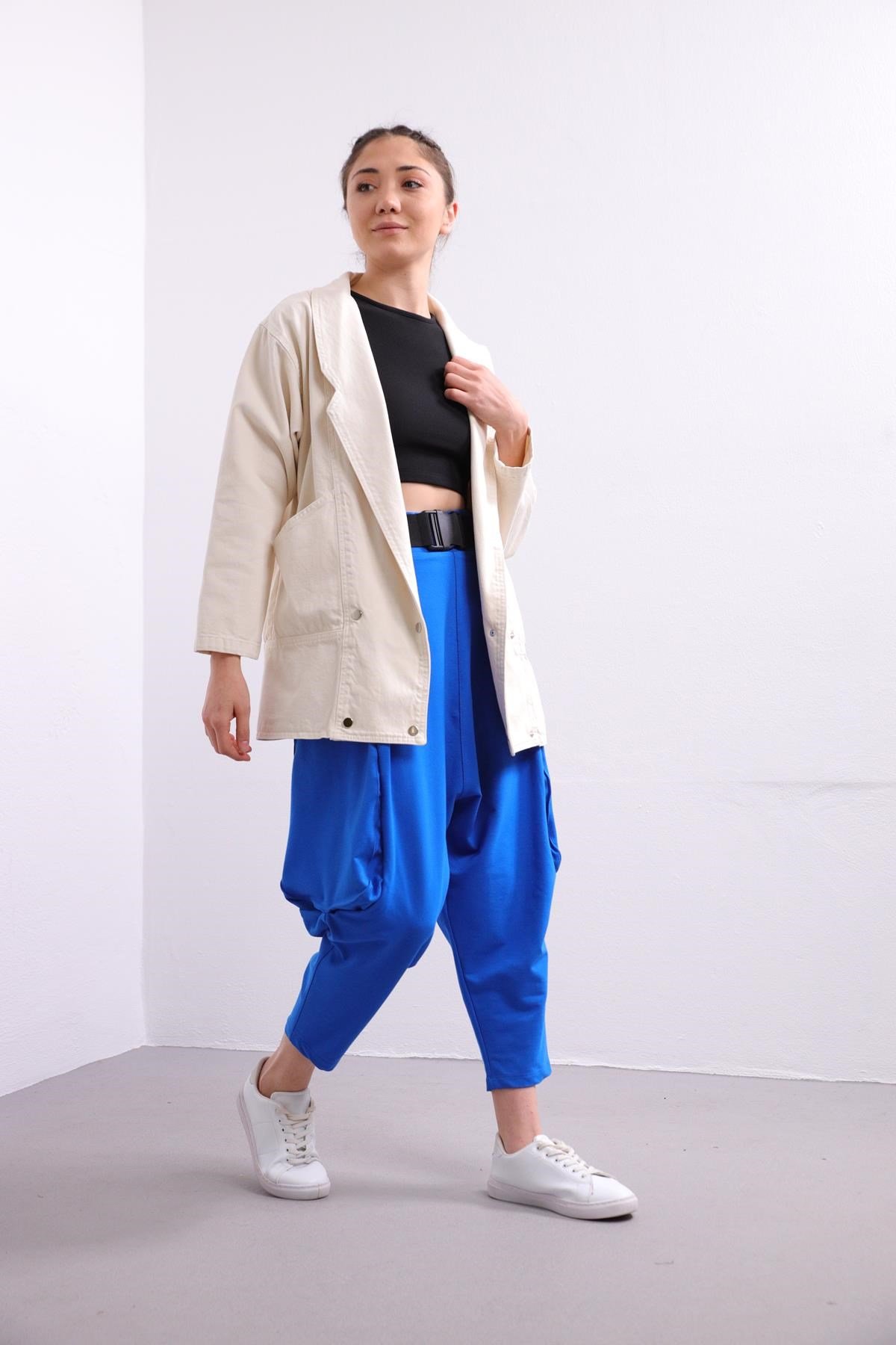 Sax Blue Belted Drop Crotch Trousers - Saman Butik | Shop Online Sax Blue Belted Drop Crotch Trousers
