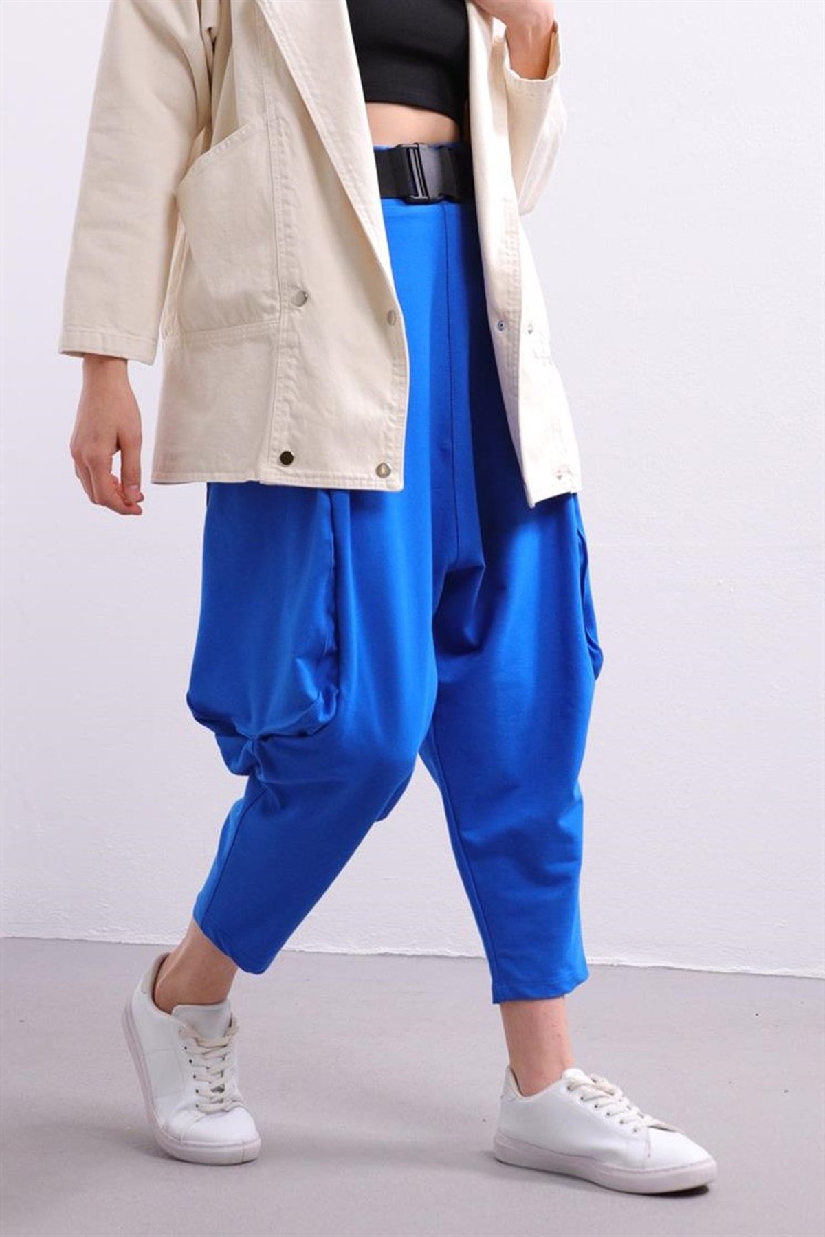 Sax Blue Belted Drop Crotch Trousers - Saman Butik | Shop Online Sax Blue Belted Drop Crotch Trousers