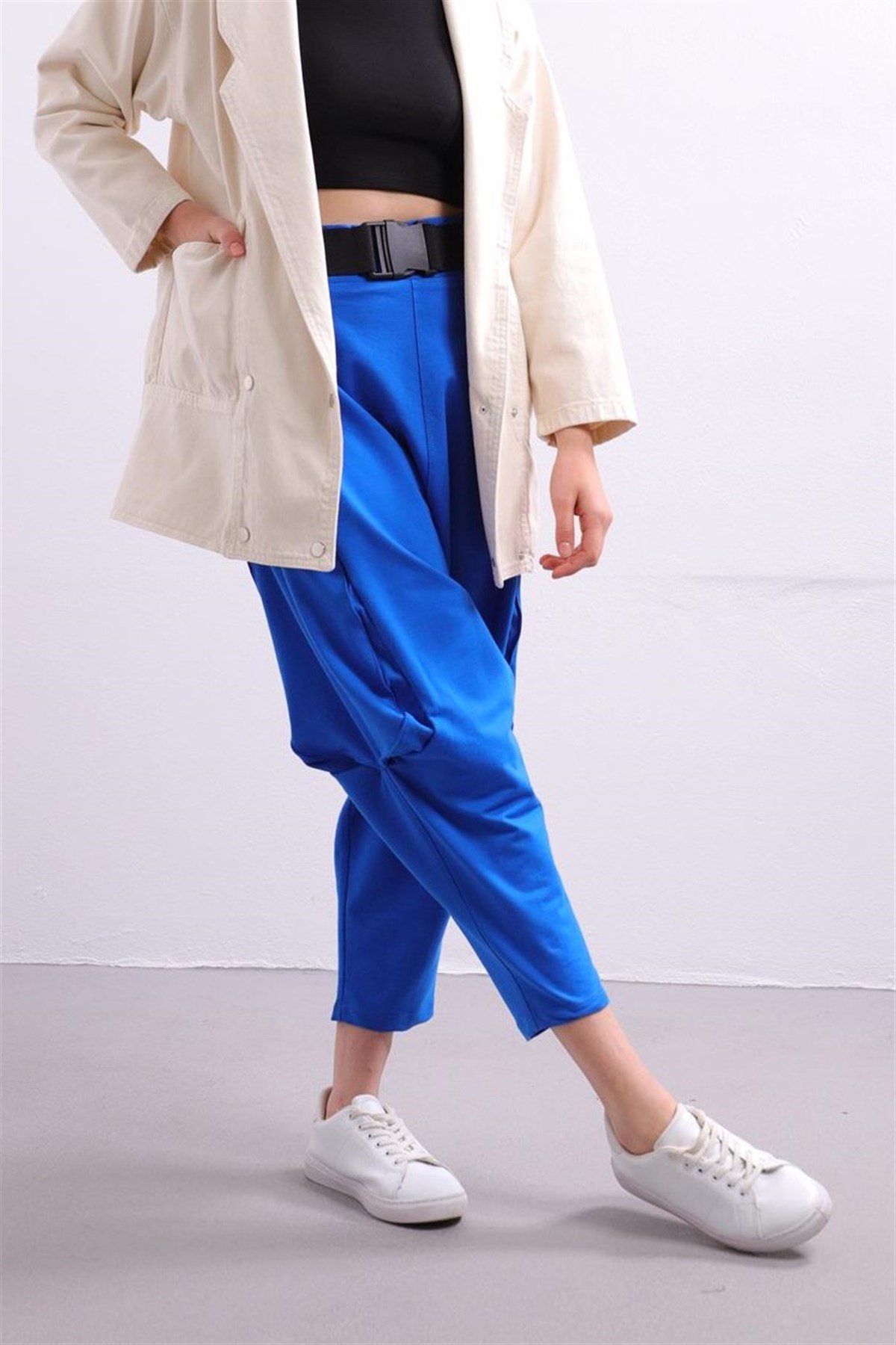 Sax Blue Belted Drop Crotch Trousers - Saman Butik | Shop Online Sax Blue Belted Drop Crotch Trousers