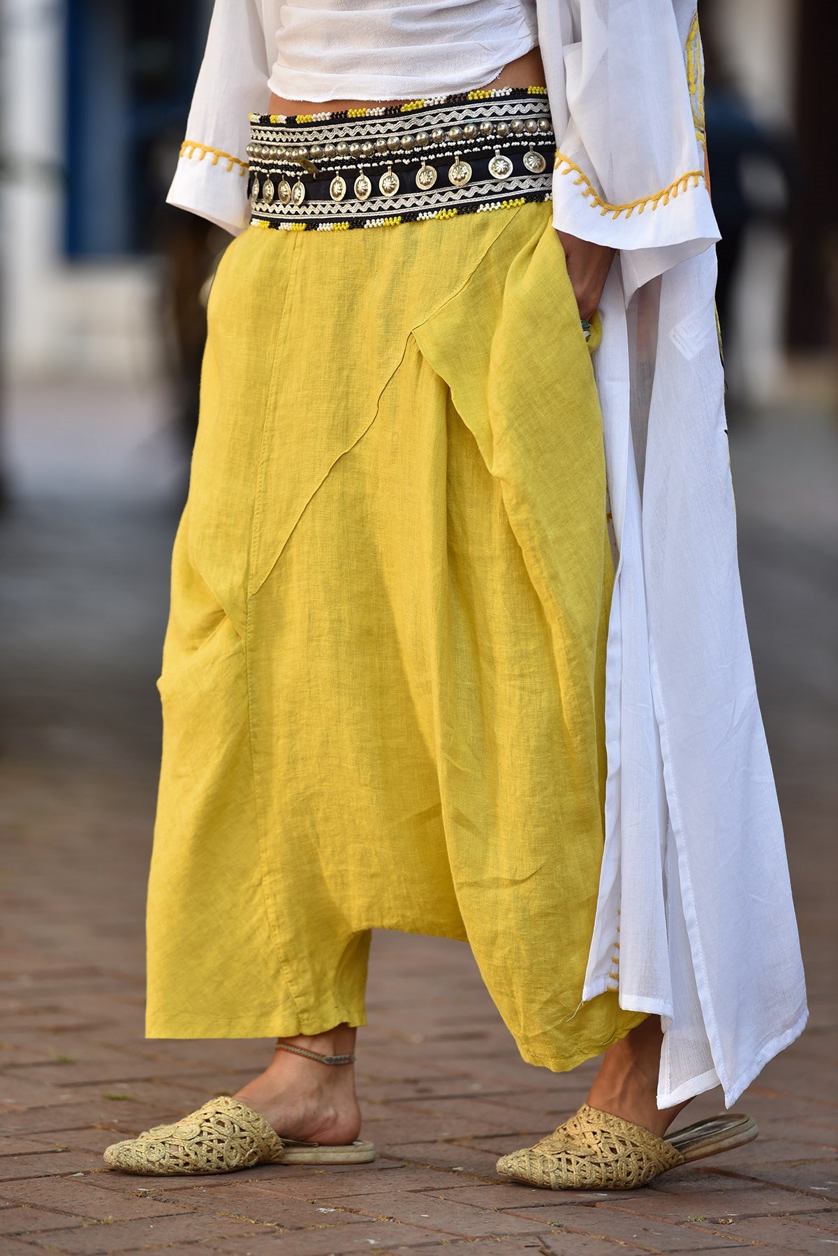 Haki Önü Dikişli Keten Şalvar - Şaman Butik  - Online Alışveriş Sitesi | Kadın ve Erkek Giyim Sarı Önü Dikişli Keten Şalvar