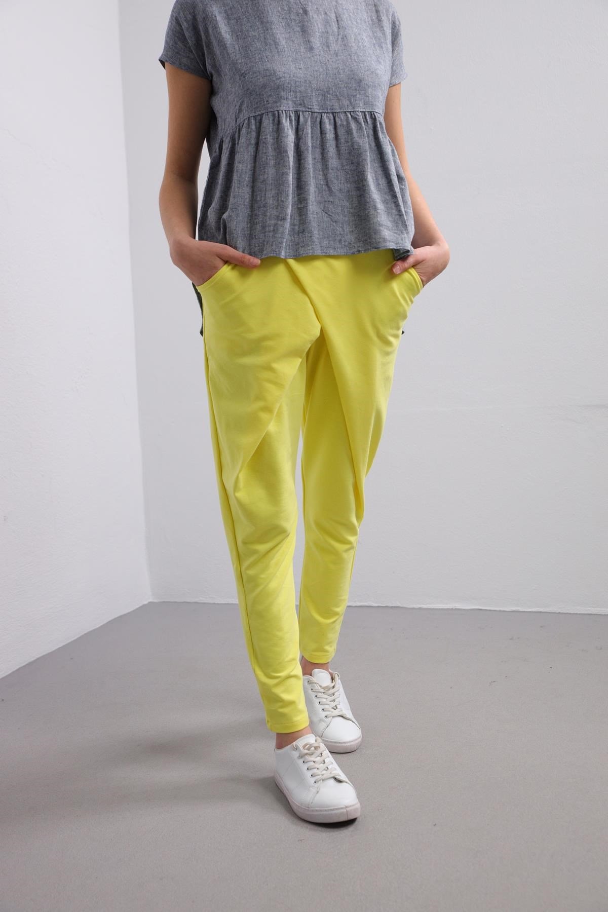 Yellow Crossover Drop Crotch Trousers - Saman Butik | Shop Online Yellow Crossover Drop Crotch Trousers