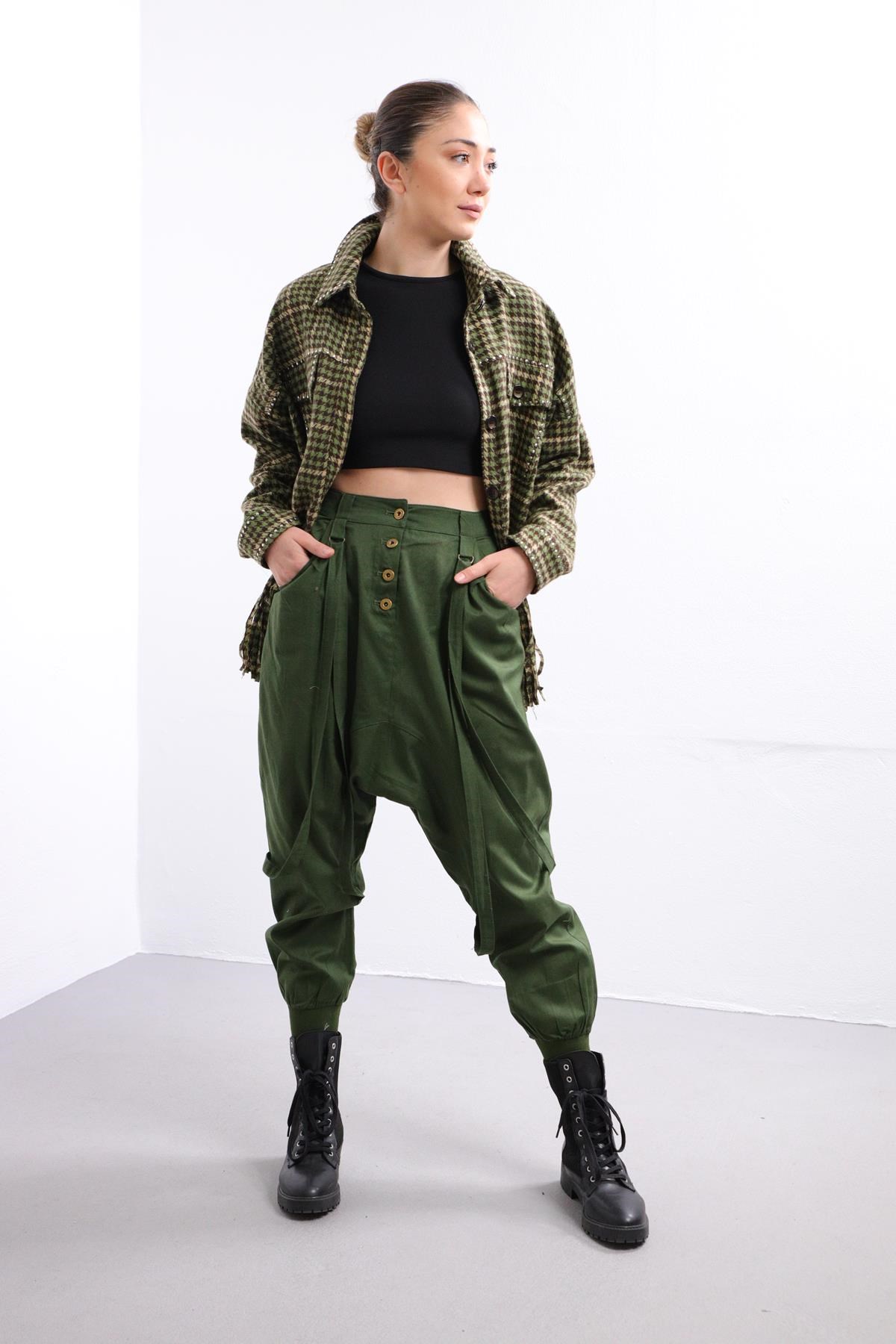 Yeşil İpli Şalvar - Şaman Butik | Boho Fashion Green Harem Trouser with Ropes
