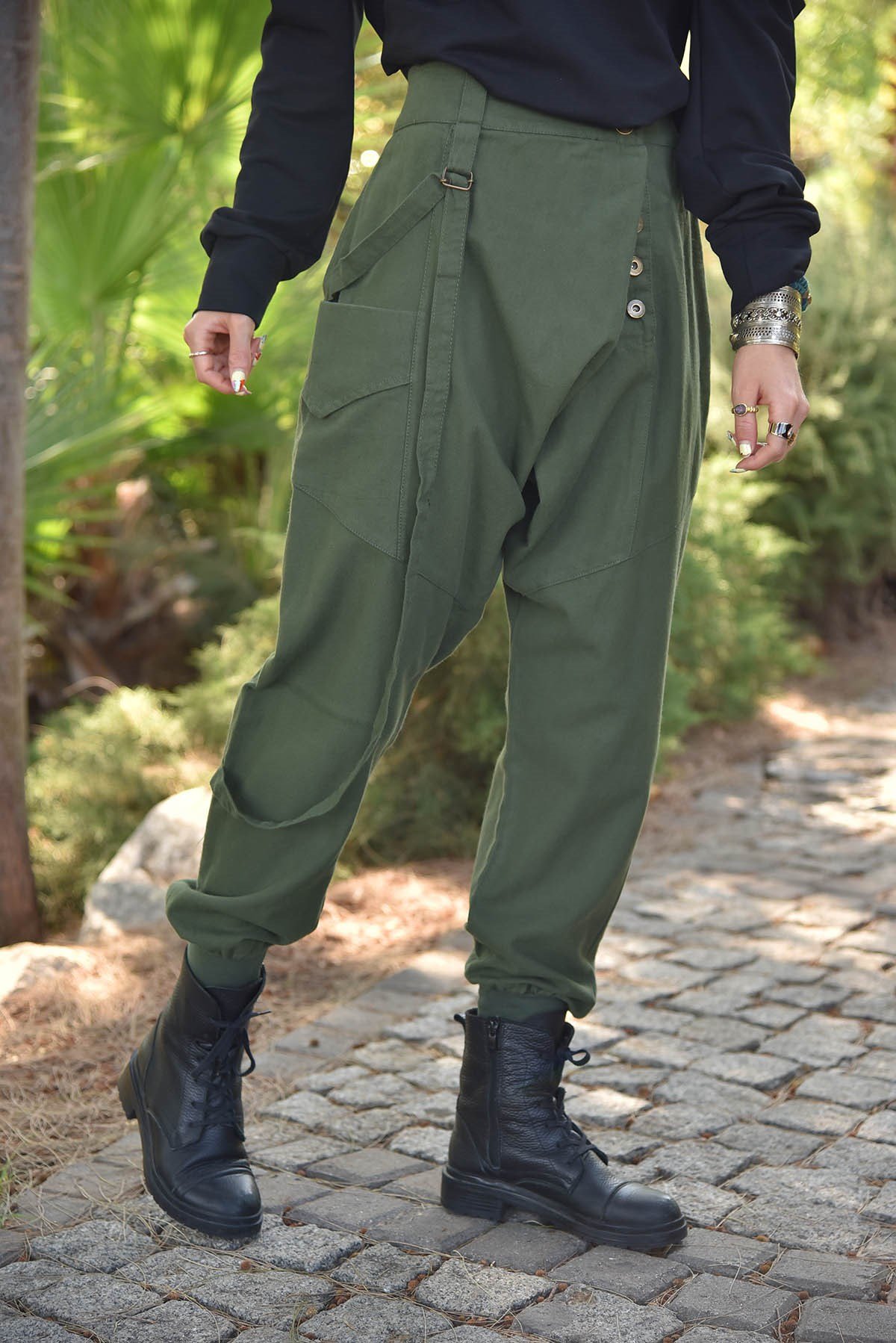 Yeşil Önü Düğmeli Pantolon Şalvar - Şaman Butik Yeşil Önü Düğmeli Pantolon Şalvar