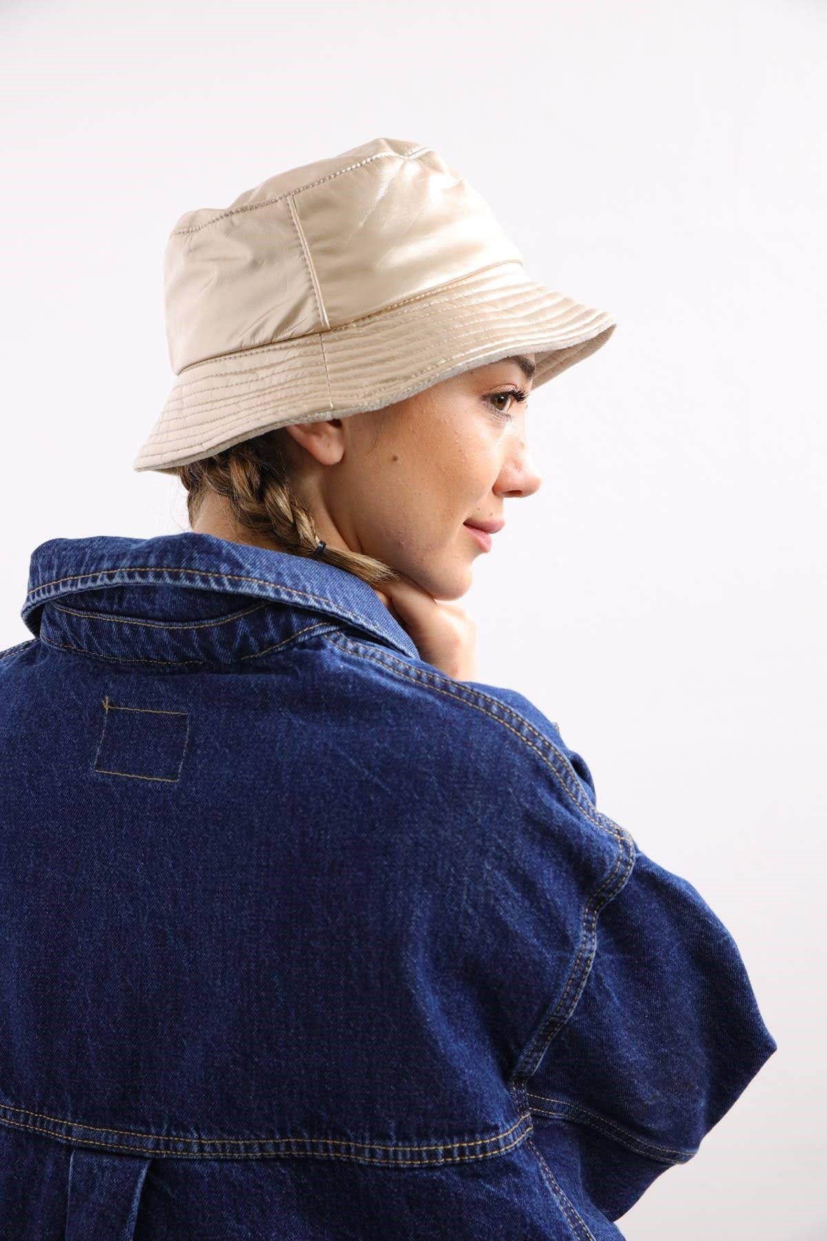  Gold Deri Bucket Şapka