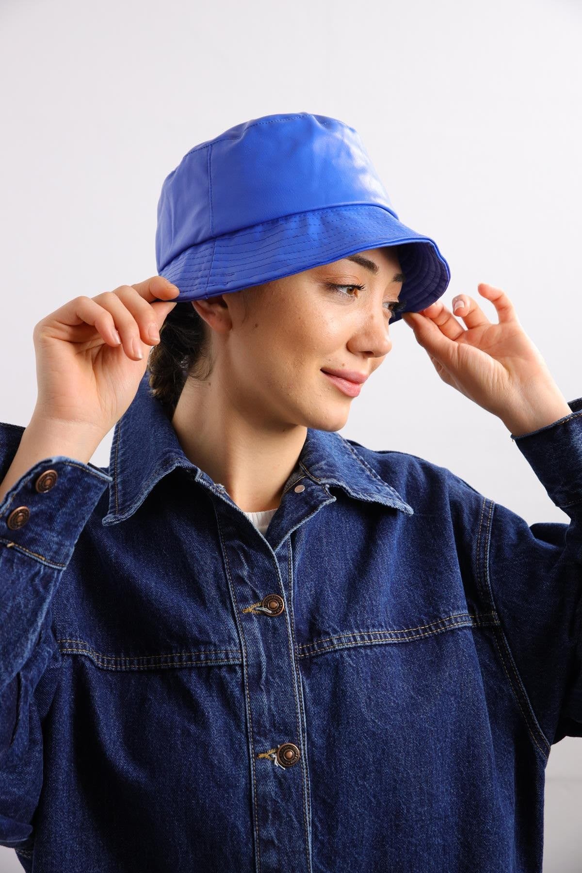  İndigo Mavi Deri Bucket Şapka