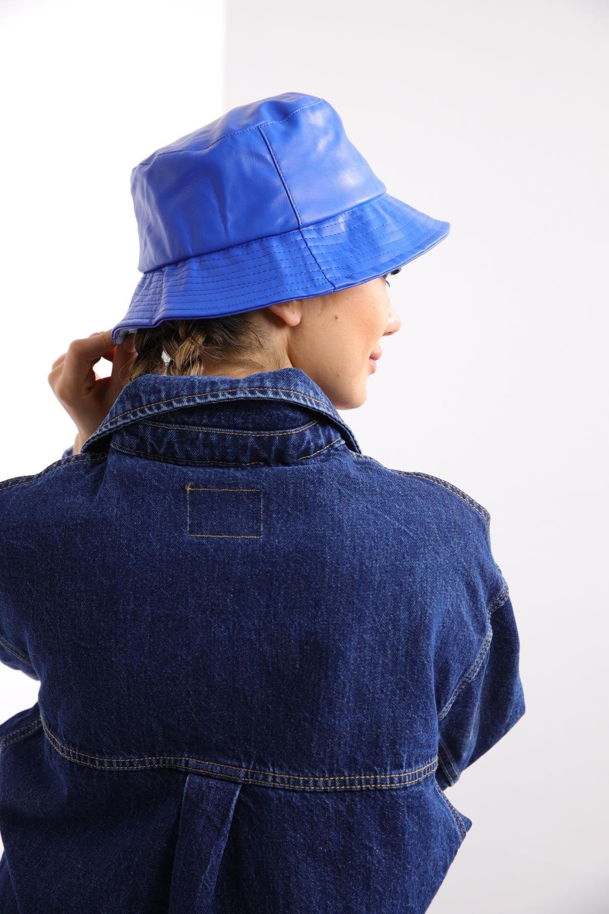  İndigo Mavi Deri Bucket Şapka