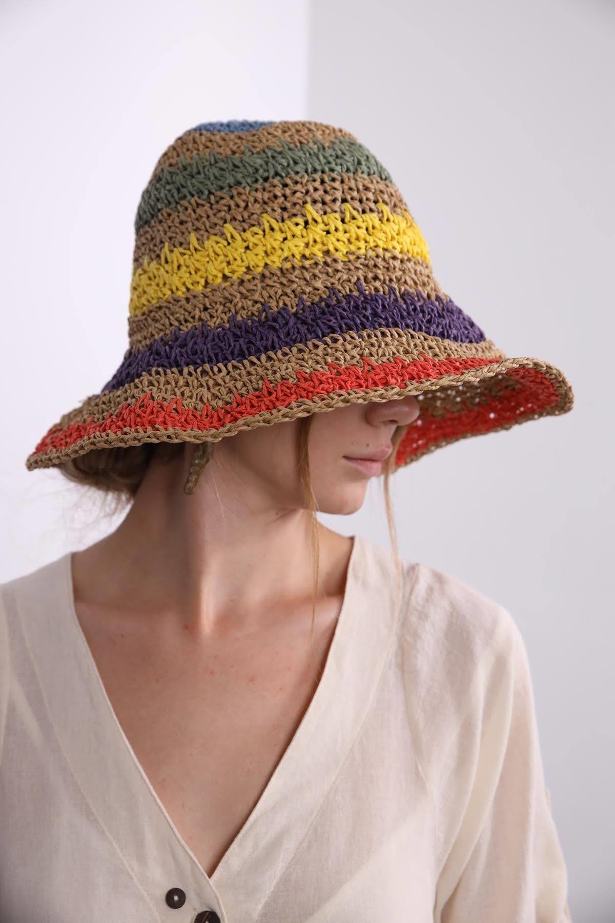  Kahverengi Kağıt İp Renkli Örme Şapka