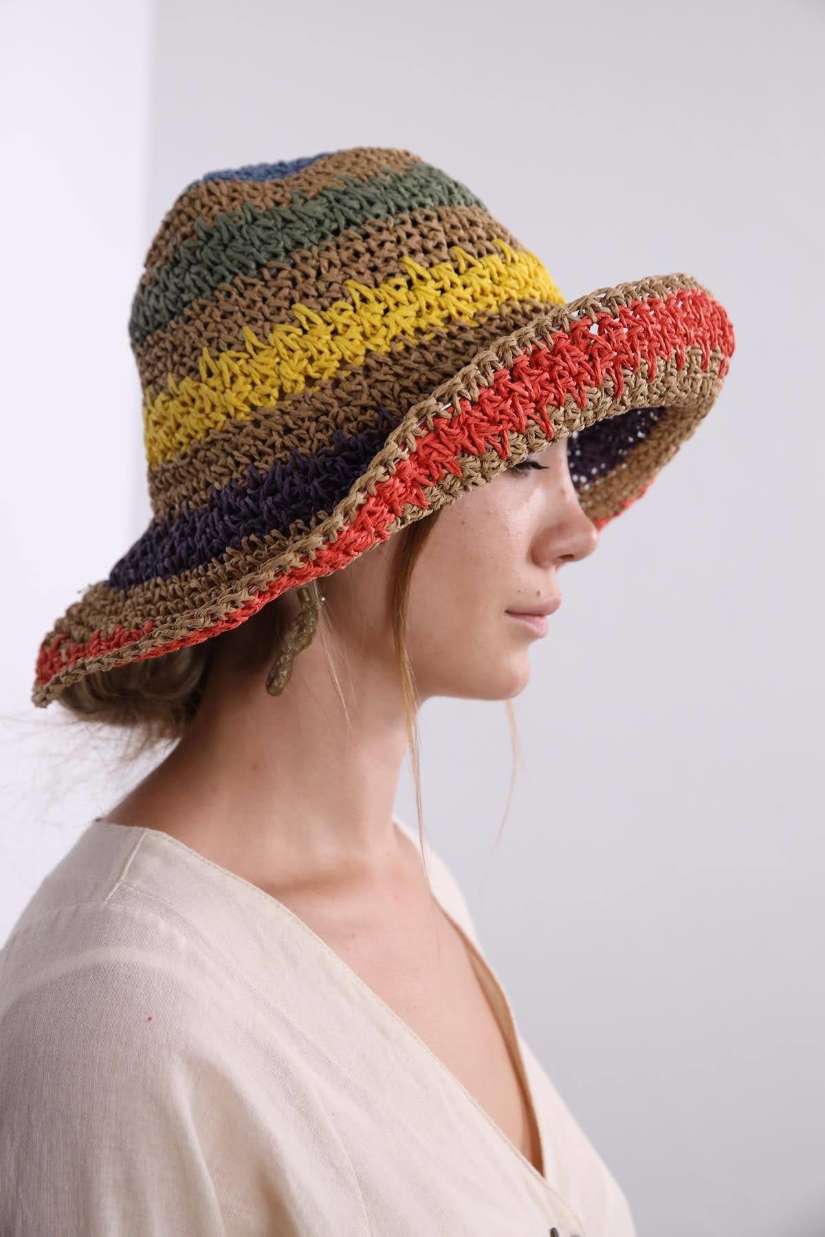  Kahverengi Kağıt İp Renkli Örme Şapka