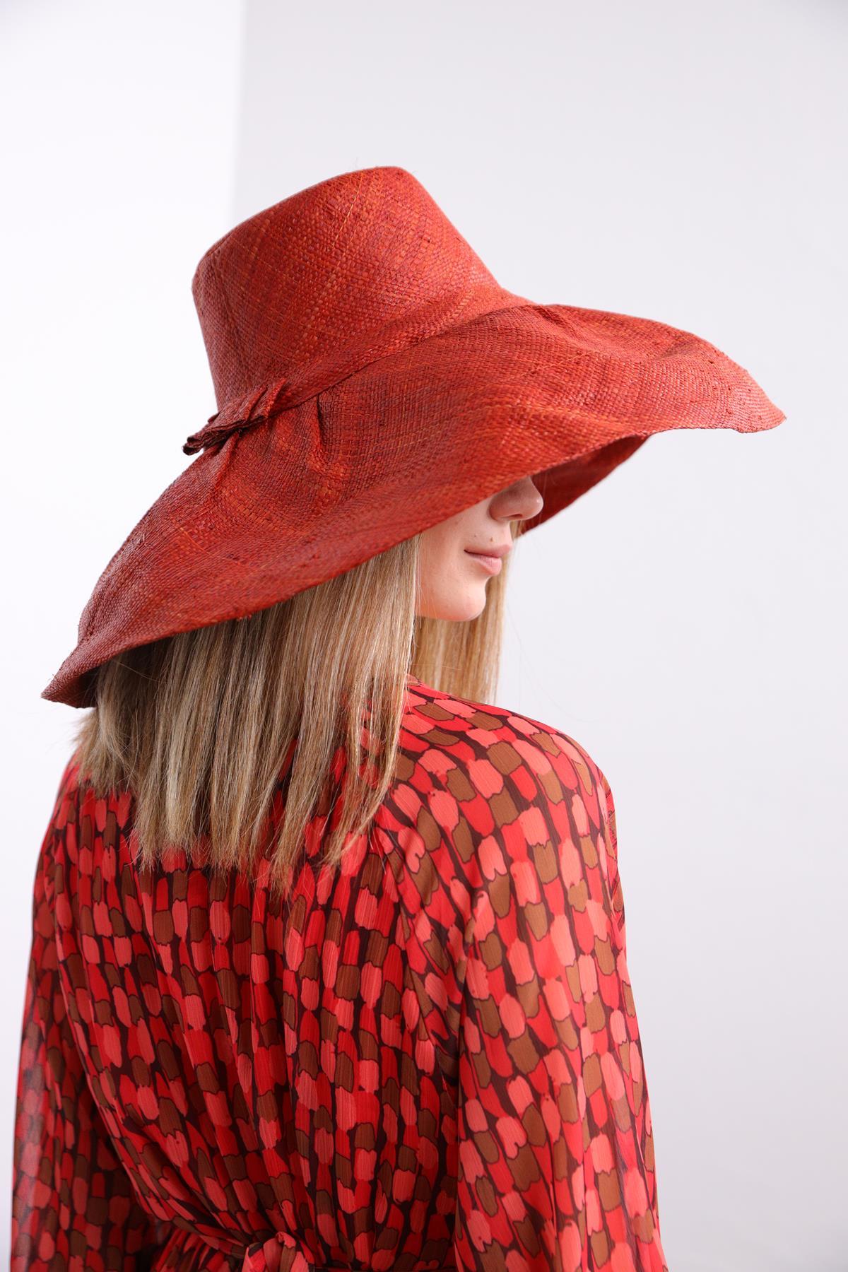  Kiremit Rengi Raffia Şapka