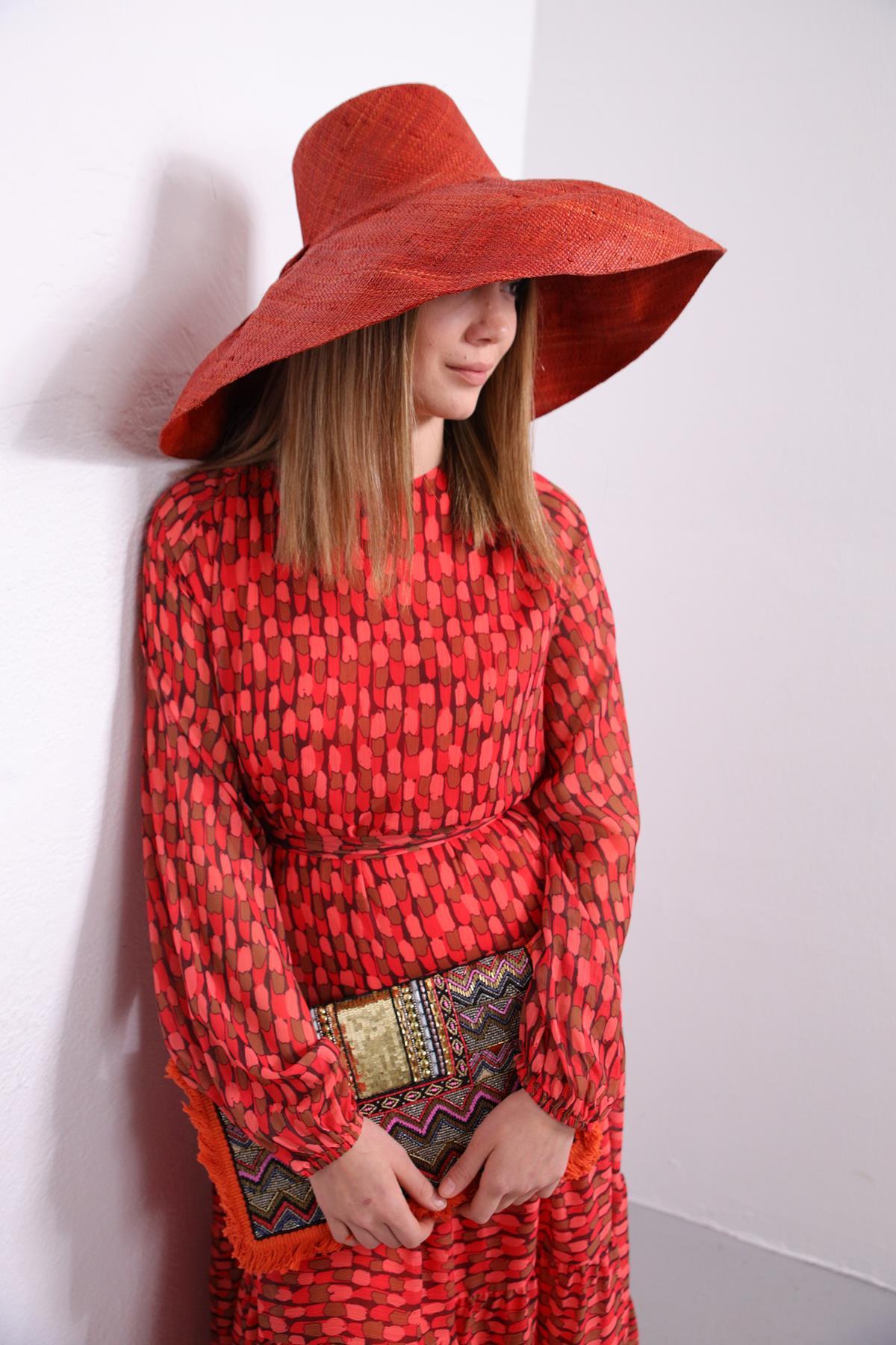  Kiremit Rengi Raffia Şapka