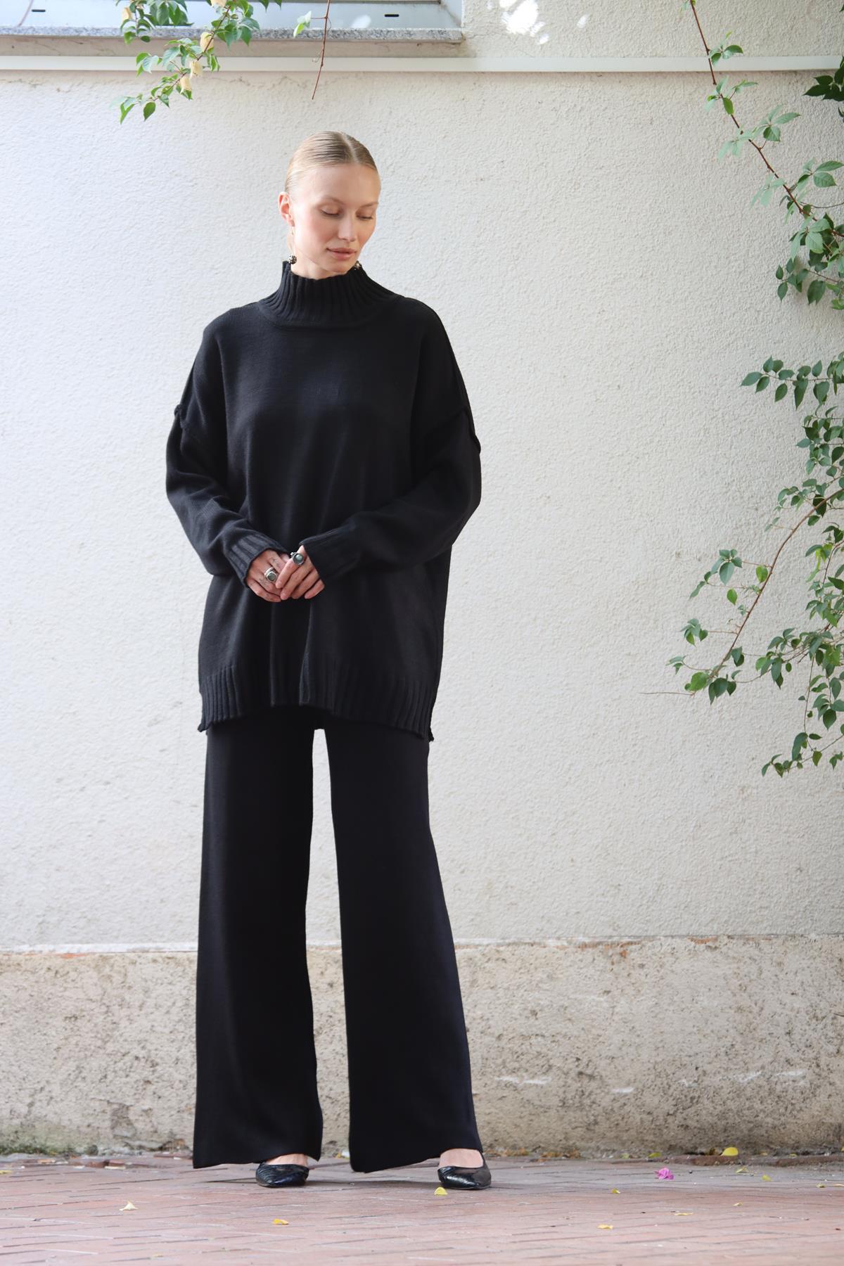 Siyah Balıkçı Yaka Kazak ve Triko Pantolon Takım