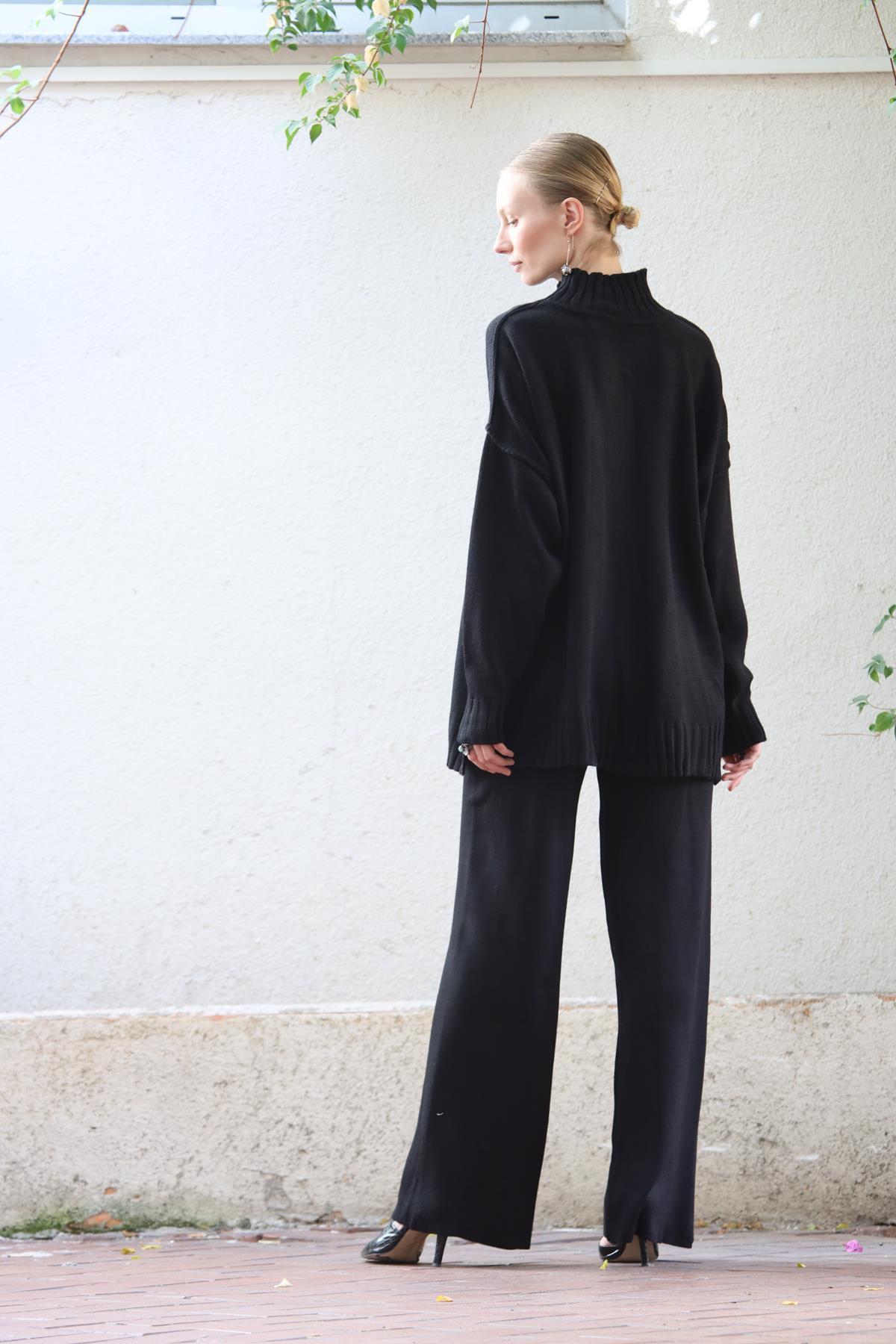 Siyah Balıkçı Yaka Kazak ve Triko Pantolon Takım