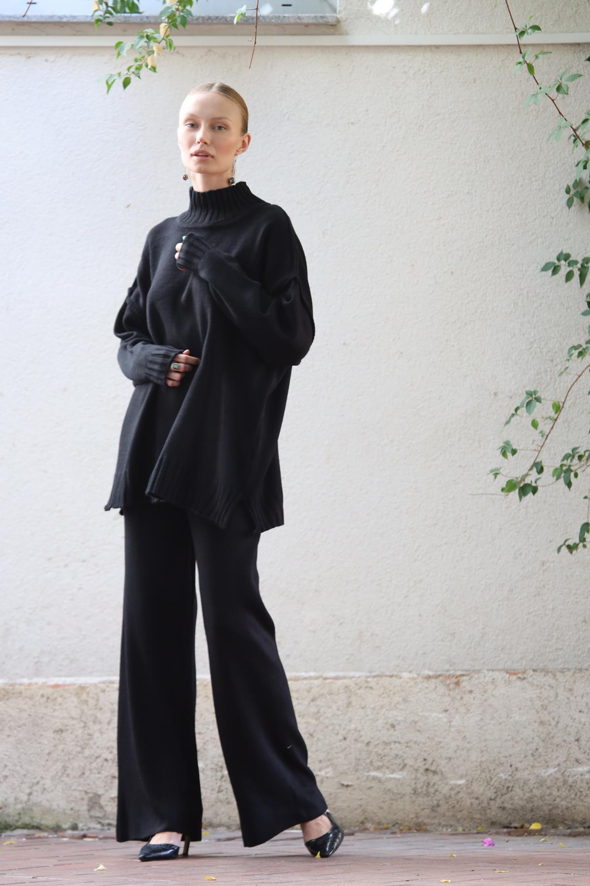 Siyah Balıkçı Yaka Kazak ve Triko Pantolon Takım