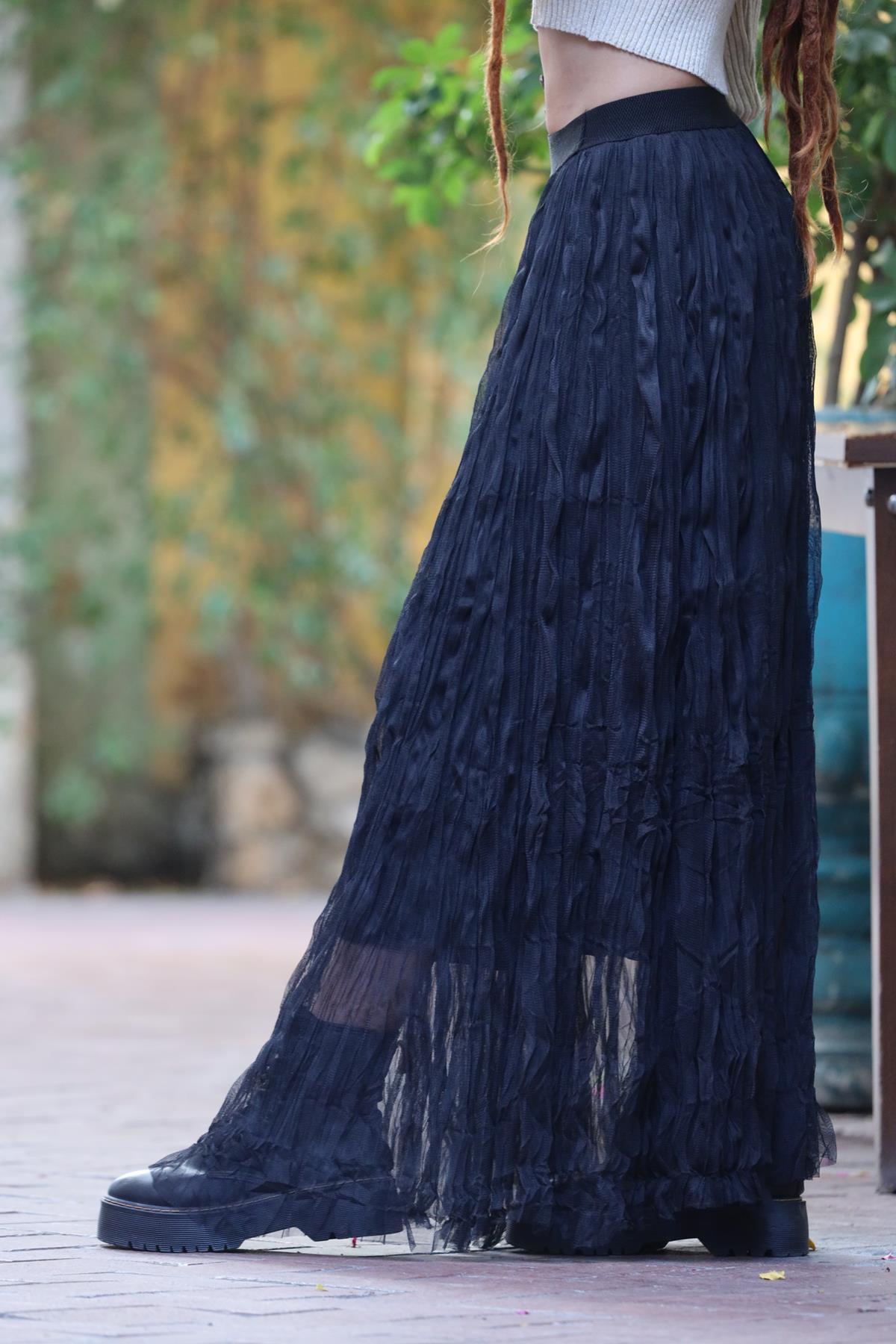 Siyah Beli Lastikli Tül Crunch Etek