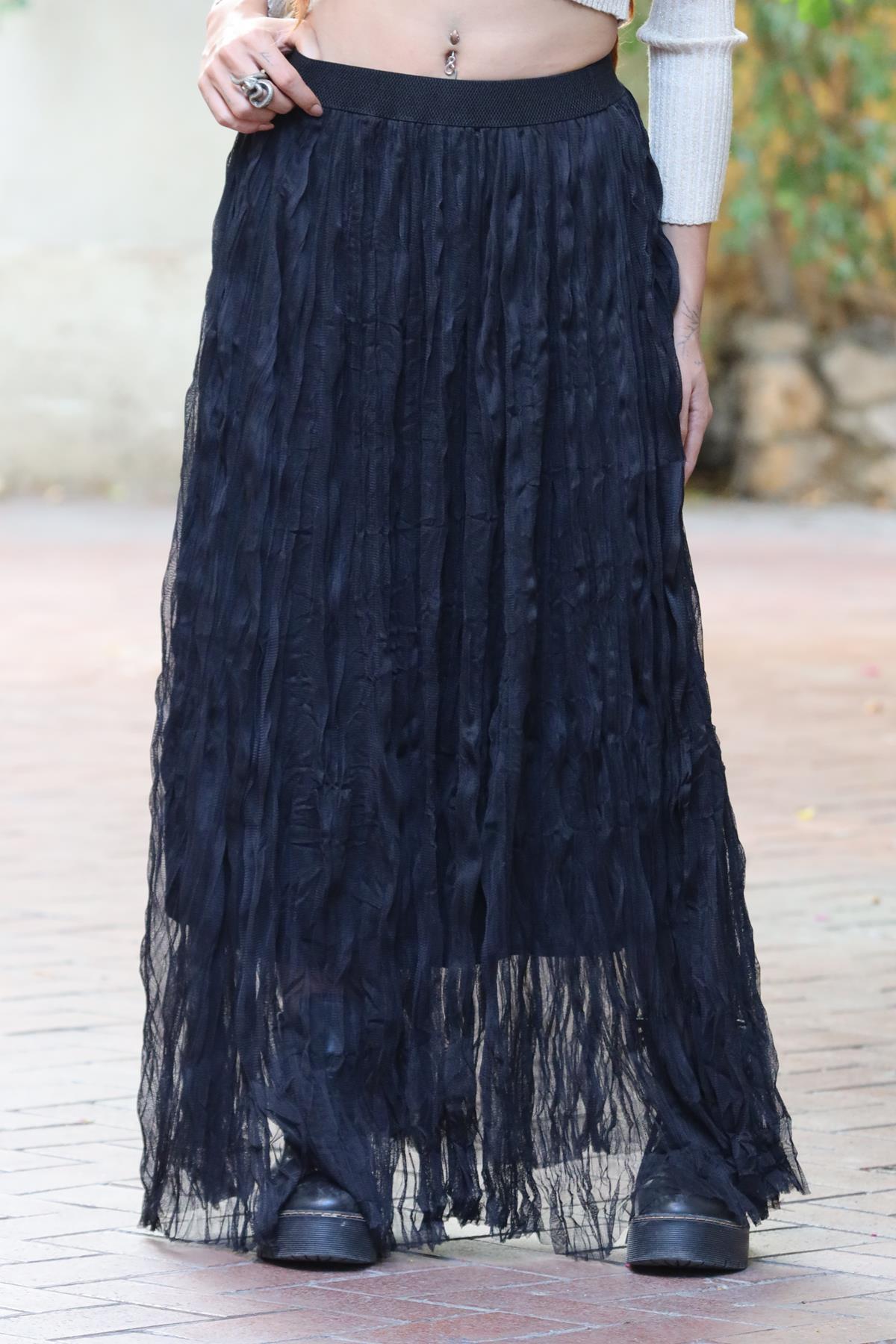 Siyah Beli Lastikli Tül Crunch Etek