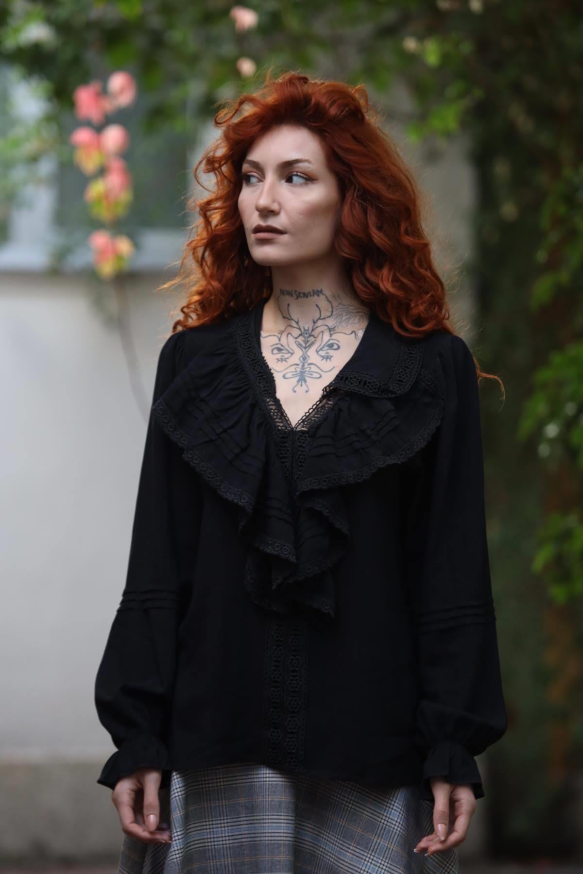 Black Lace Detailed Ruffle Trim Blouse