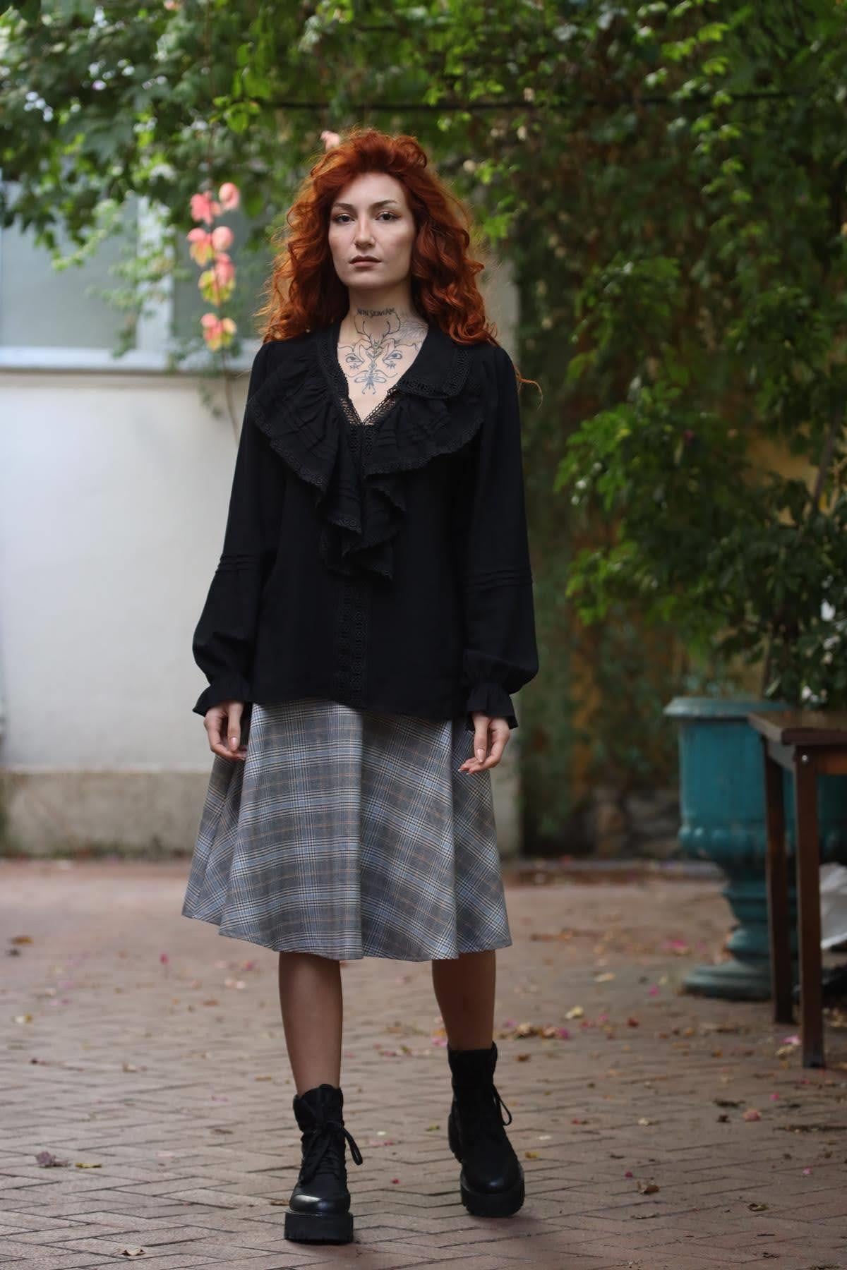 Black Lace Detailed Ruffle Trim Blouse