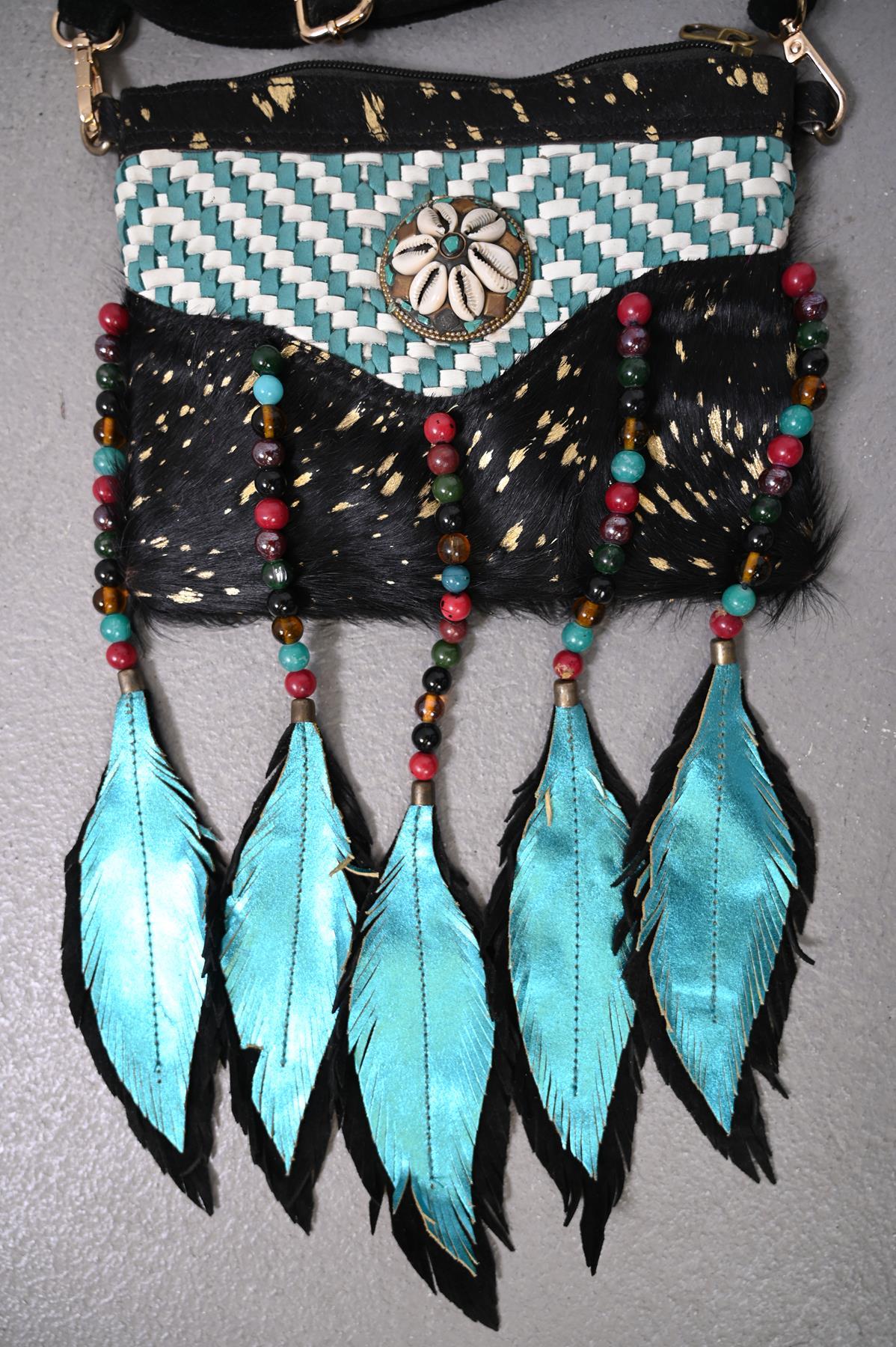 Siyah Deniz Kabuklu Boncuk Püsküllü Tay Tüyü Tasarım Çanta