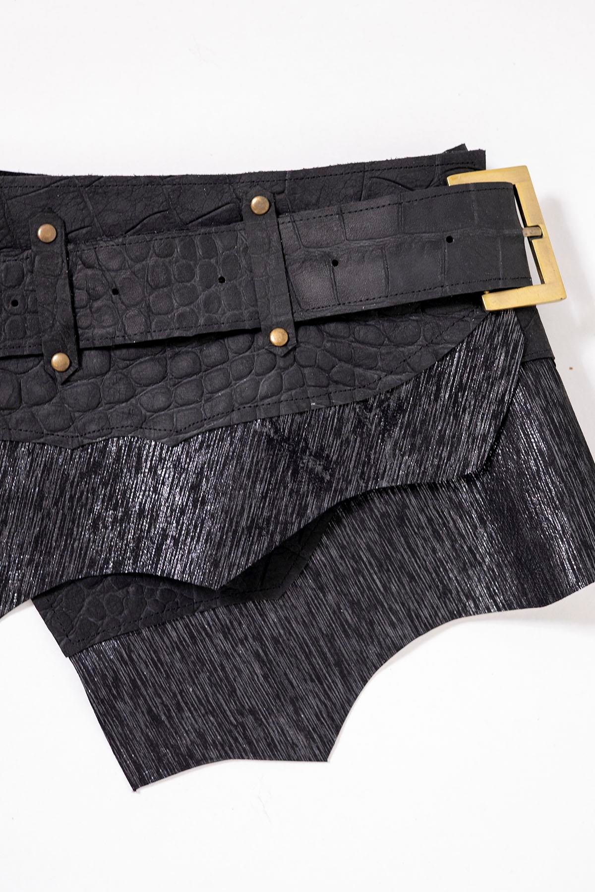 Siyah Doğal Taşlı Gizli Cepli Deri Kemer