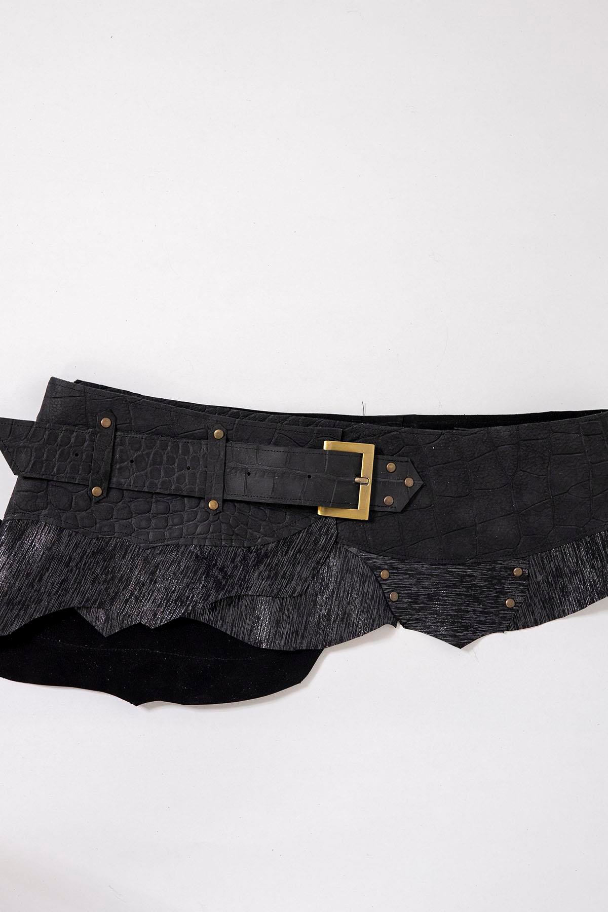 Siyah Doğal Taşlı Gizli Cepli Deri Kemer