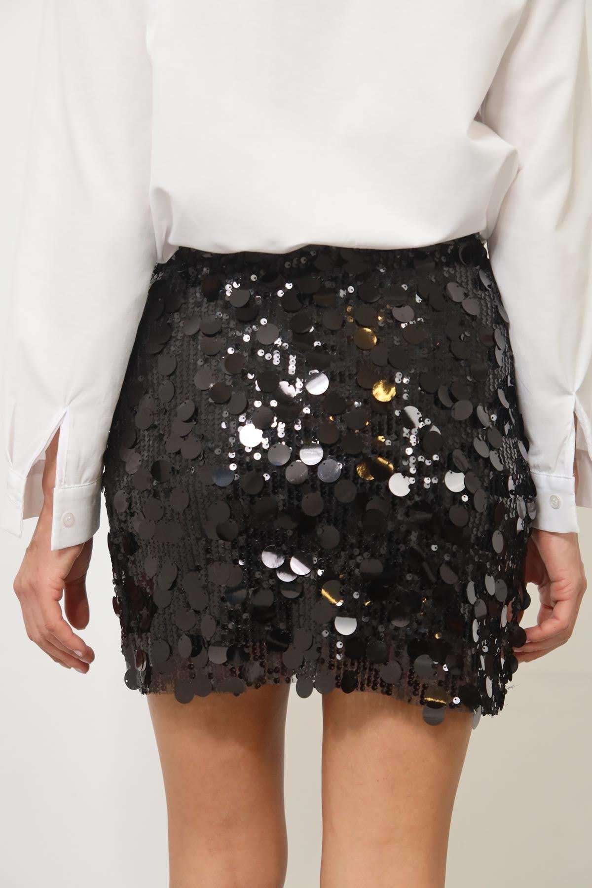 Siyah İri Pullu Mini Payet Etek