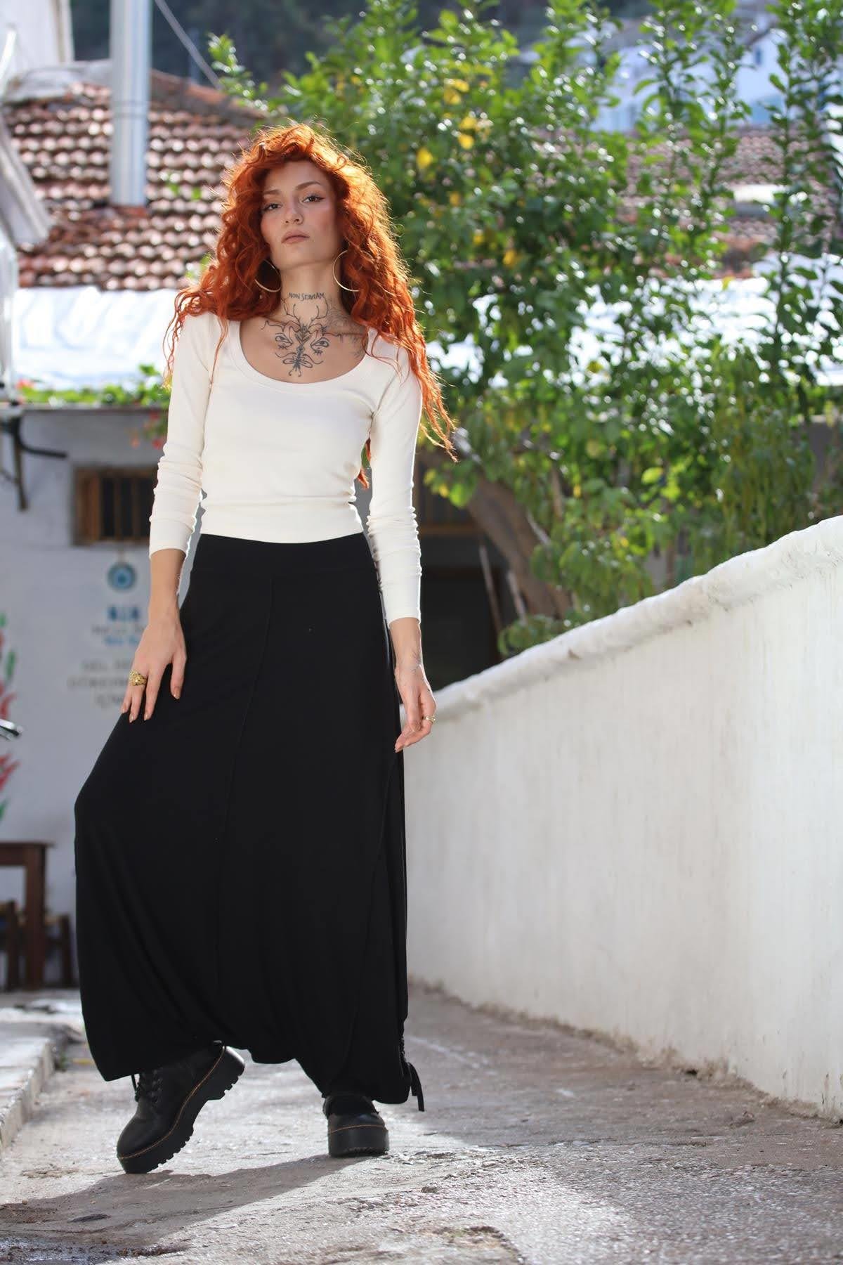Black Tied Cuff Stitch Detailed Harem Pants