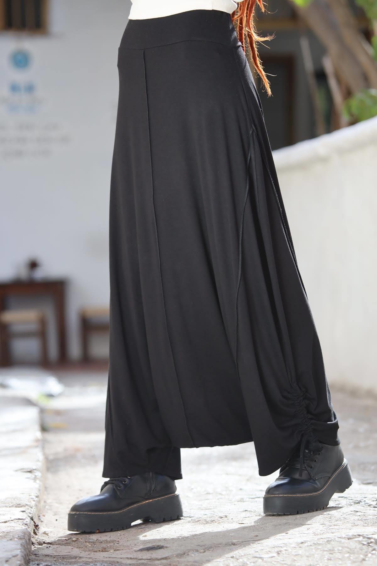 Black Tied Cuff Stitch Detailed Harem Pants