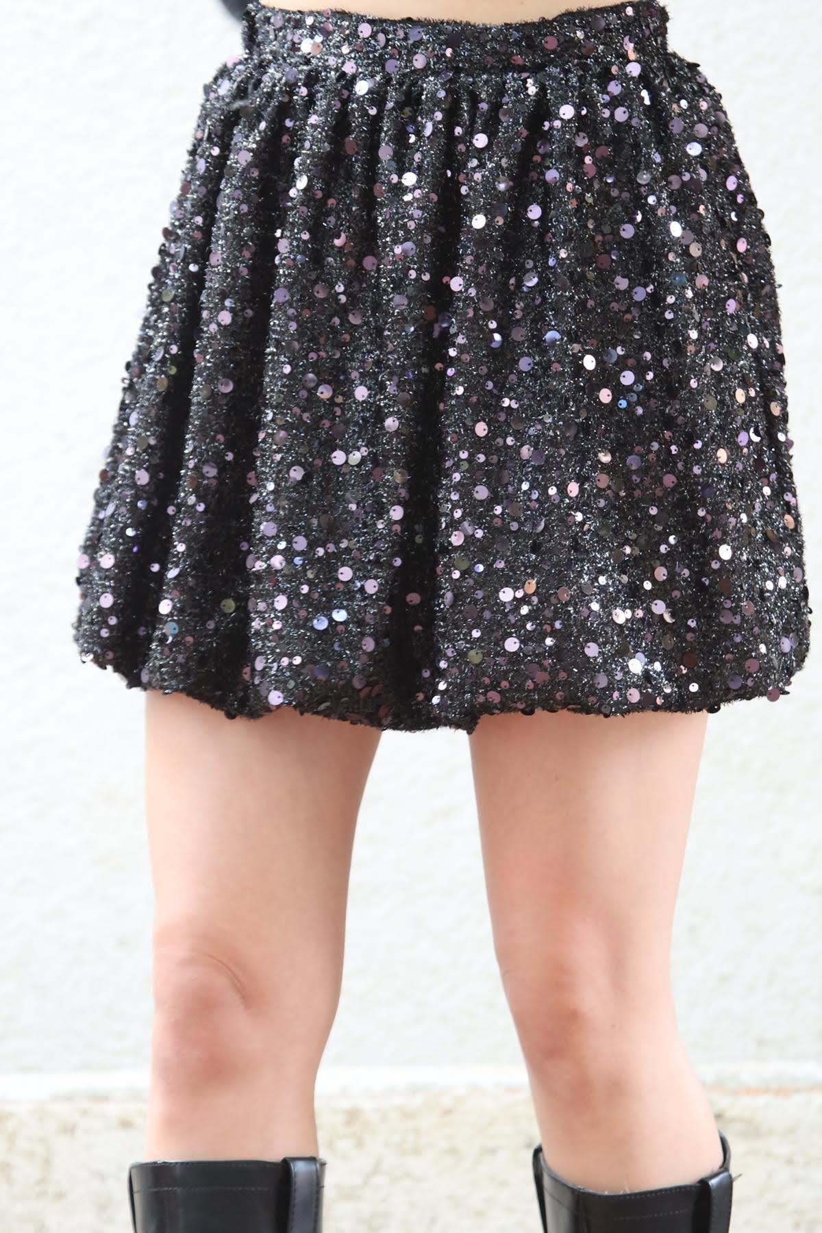 Siyah Payetli Mini Balon Etek