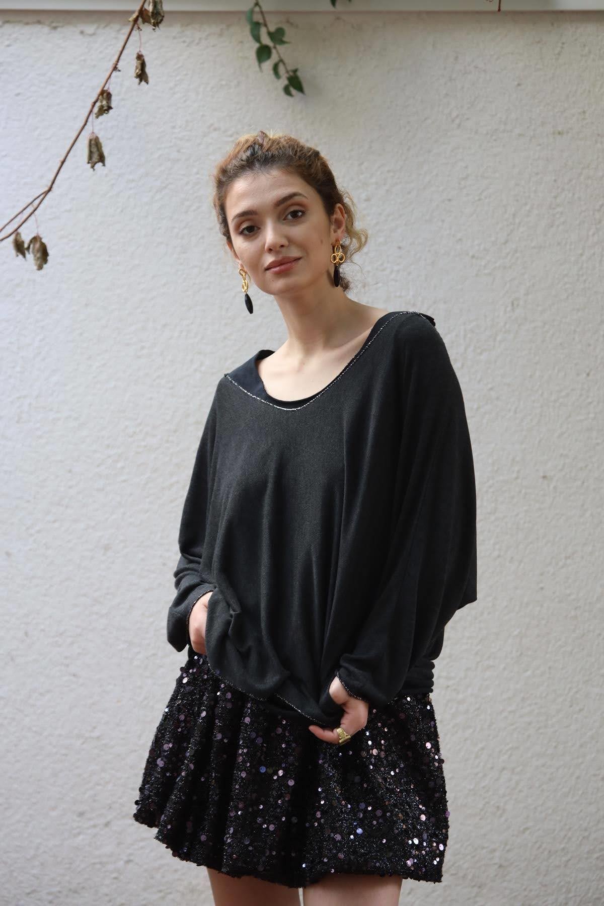 Siyah Payetli Mini Balon Etek