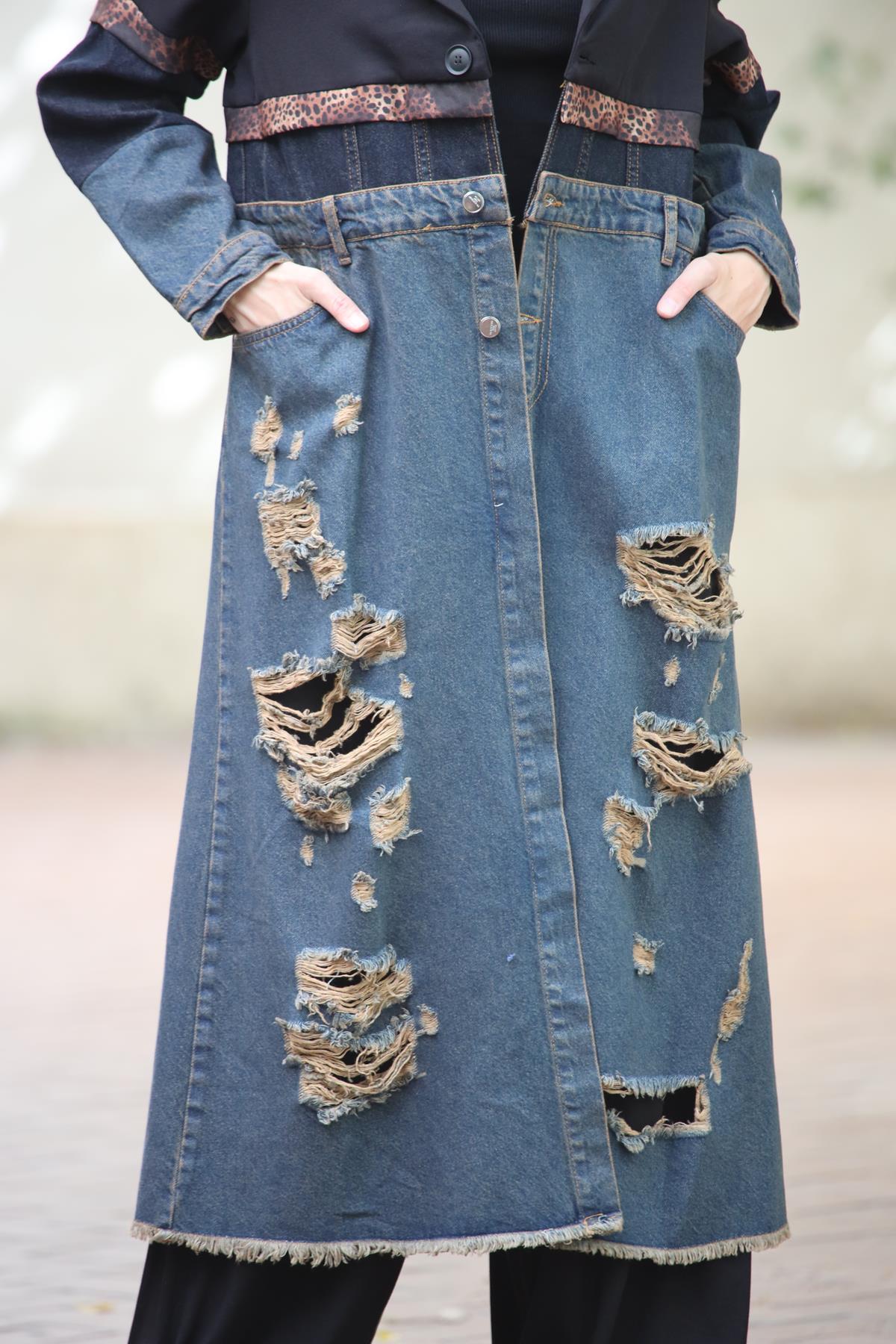 Siyah Yırtık Kot Parçalı Leopar Detaylı Yırtmaçlı Trençkot