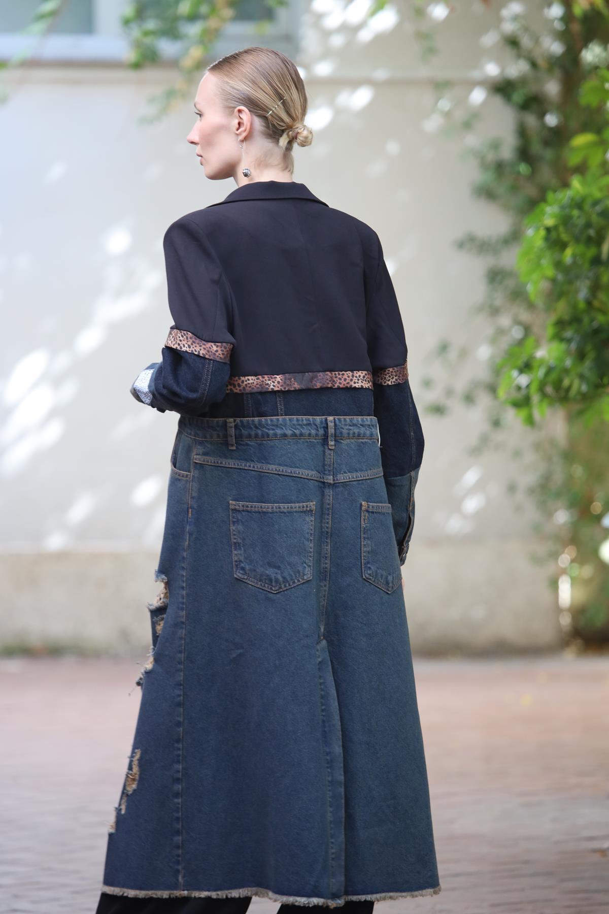 Siyah Yırtık Kot Parçalı Leopar Detaylı Yırtmaçlı Trençkot