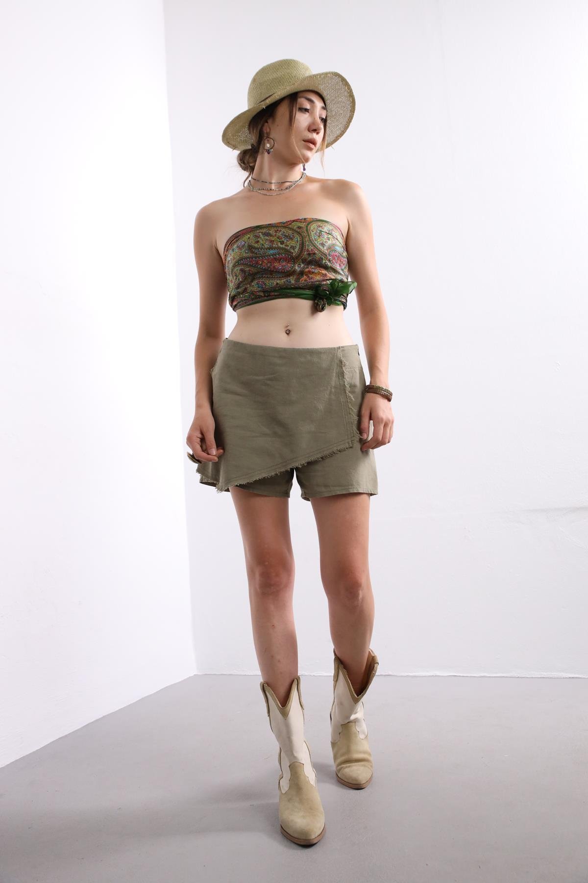  Haki Kapaklı Saçaklı Şort