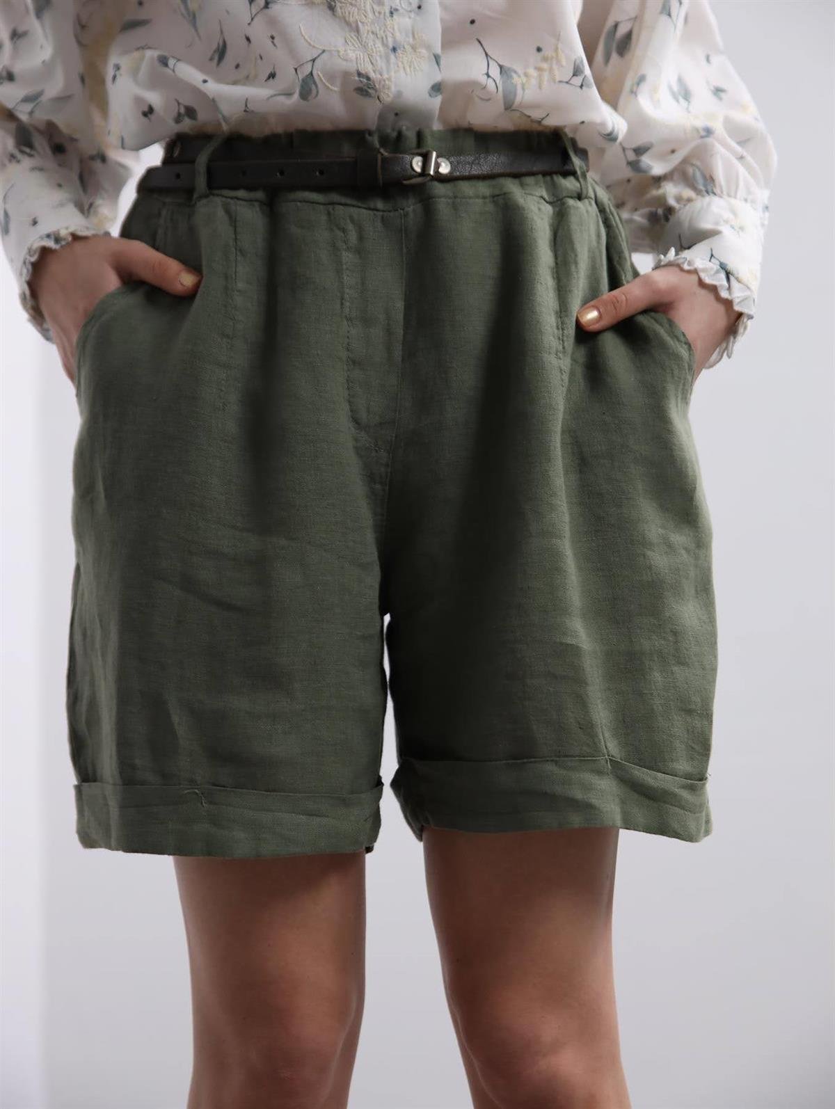 Haki Keten Şort - Şaman Butik Haki Keten Şort