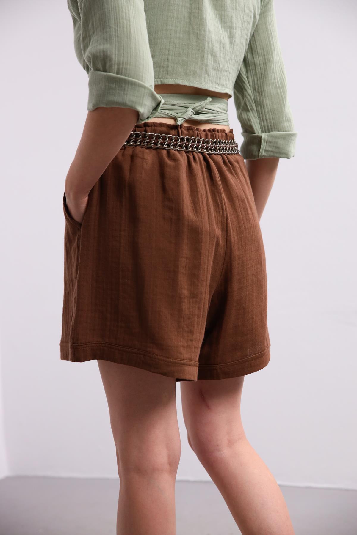  Kahverengi Beli Lastikli Şort