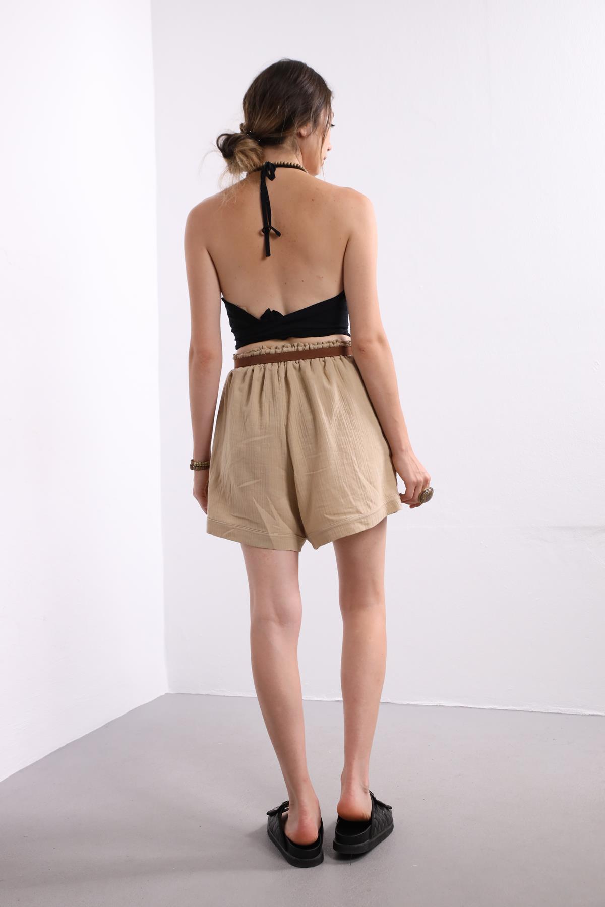  Krem Rengi Beli Lastikli Şort