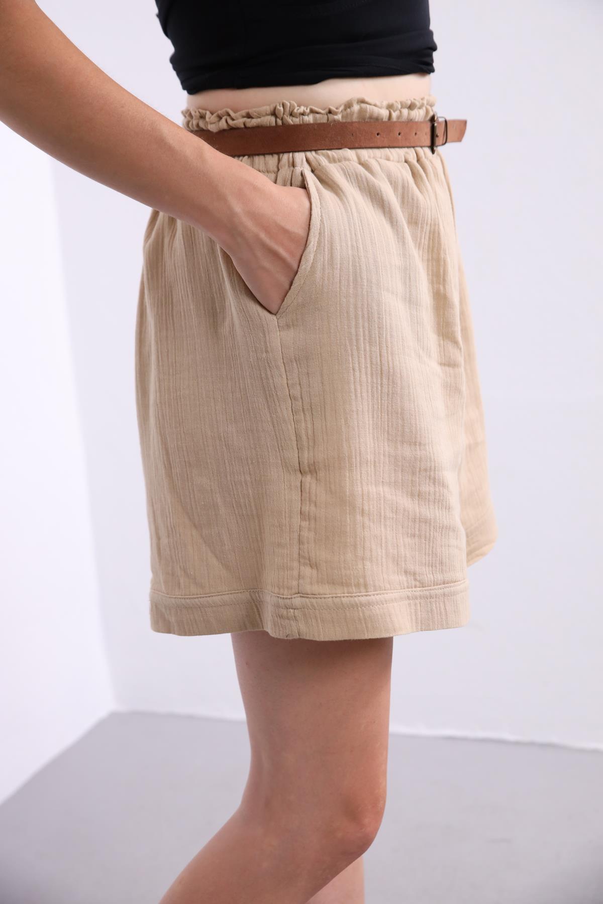  Krem Rengi Beli Lastikli Şort